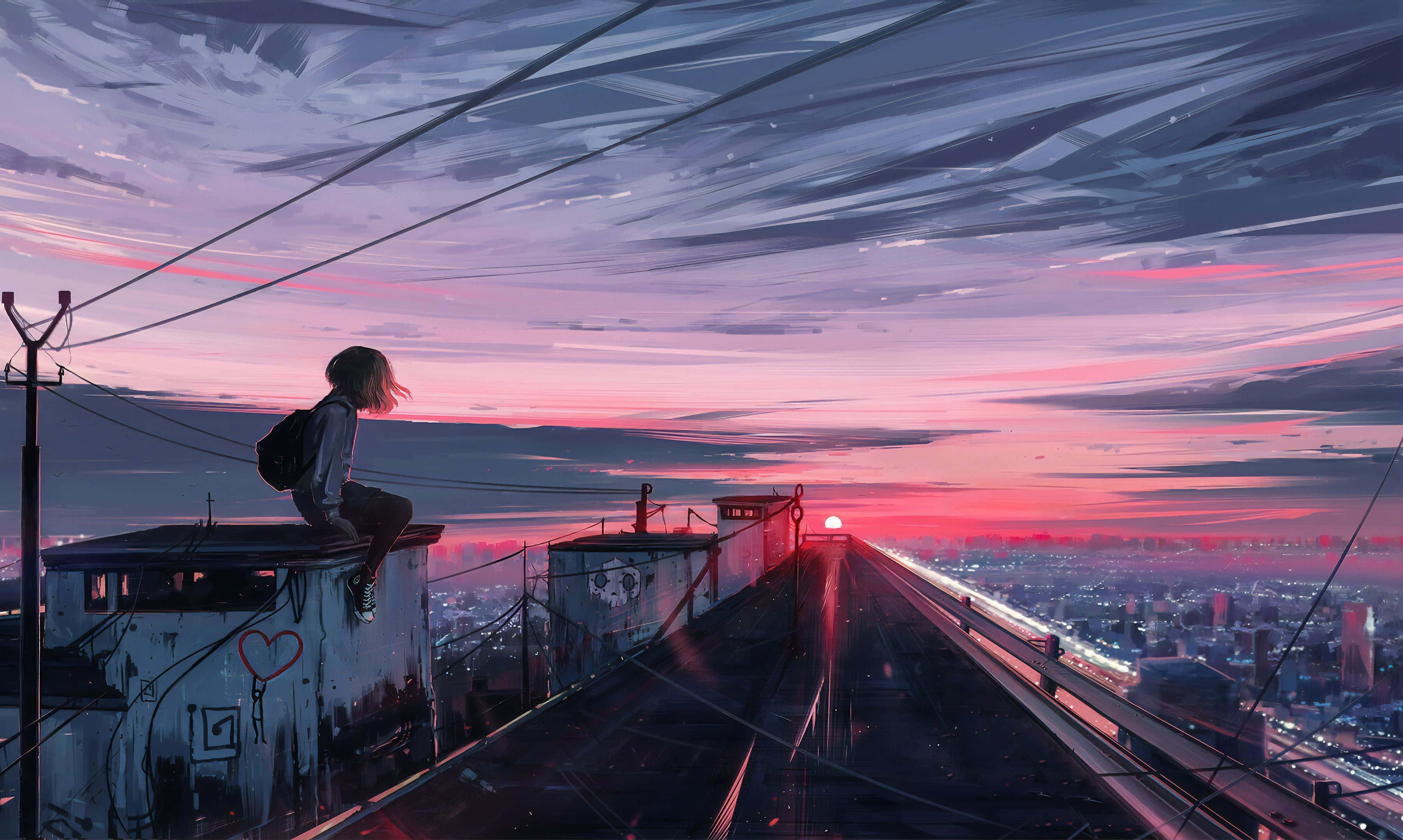 sunset, cityscape, anime style, 2K Desktop Wallpaper