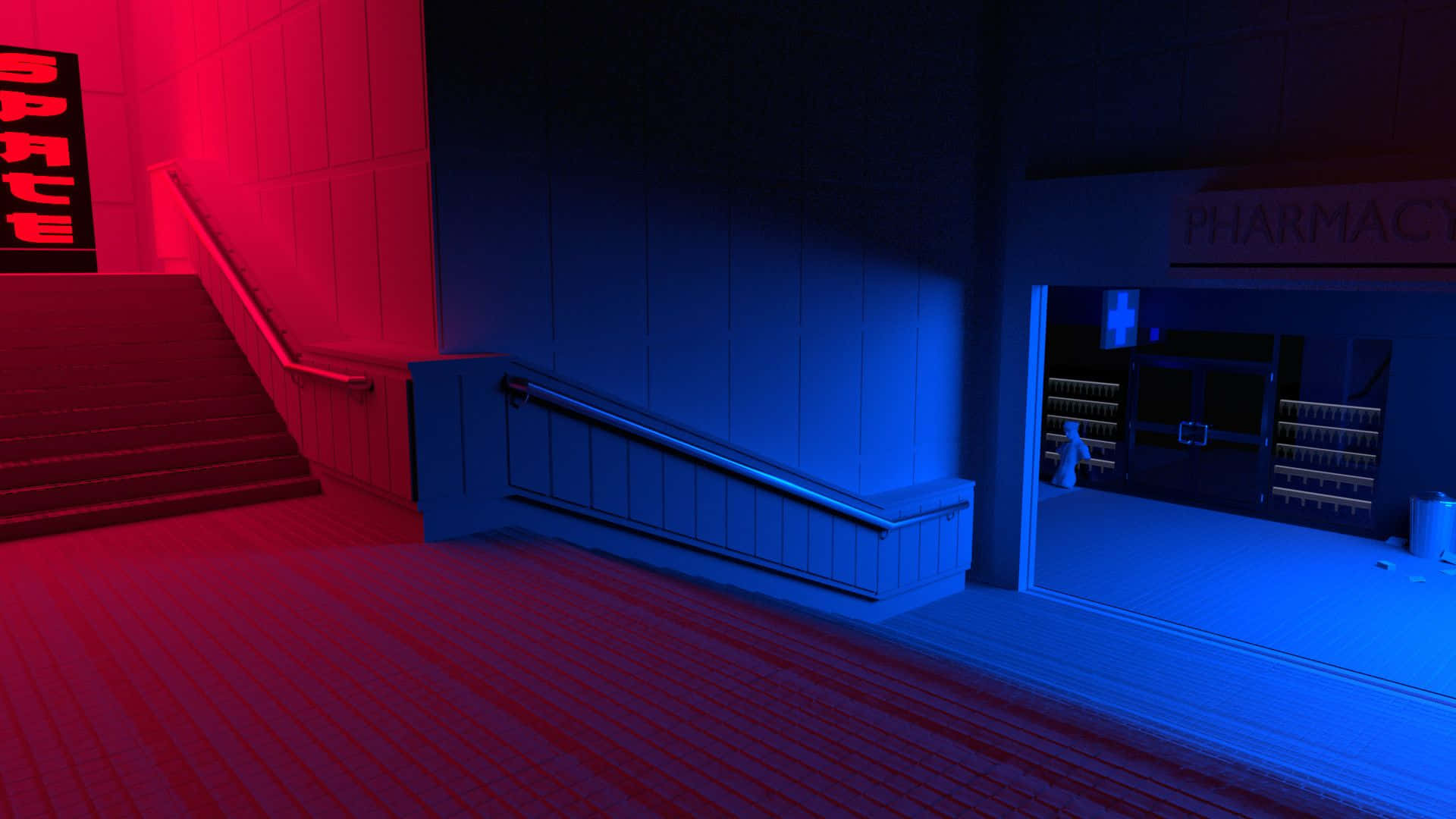Aesthetic Red PC, red and blue neon light, urban hallway, Full HD Desktop Wallpaper