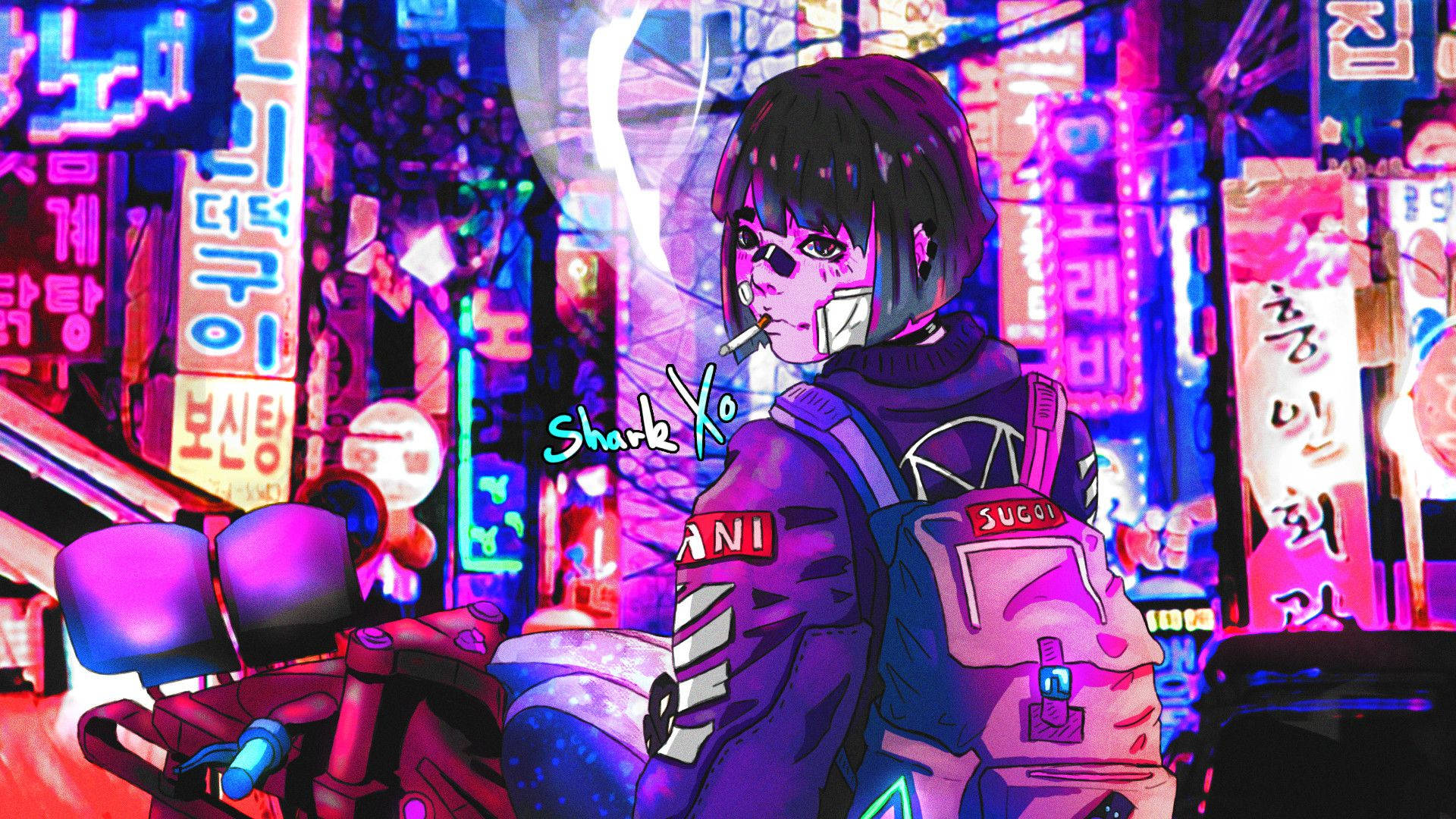cyberpunk anime girl, short hair, backpack, Full HD Desktop Wallpaper