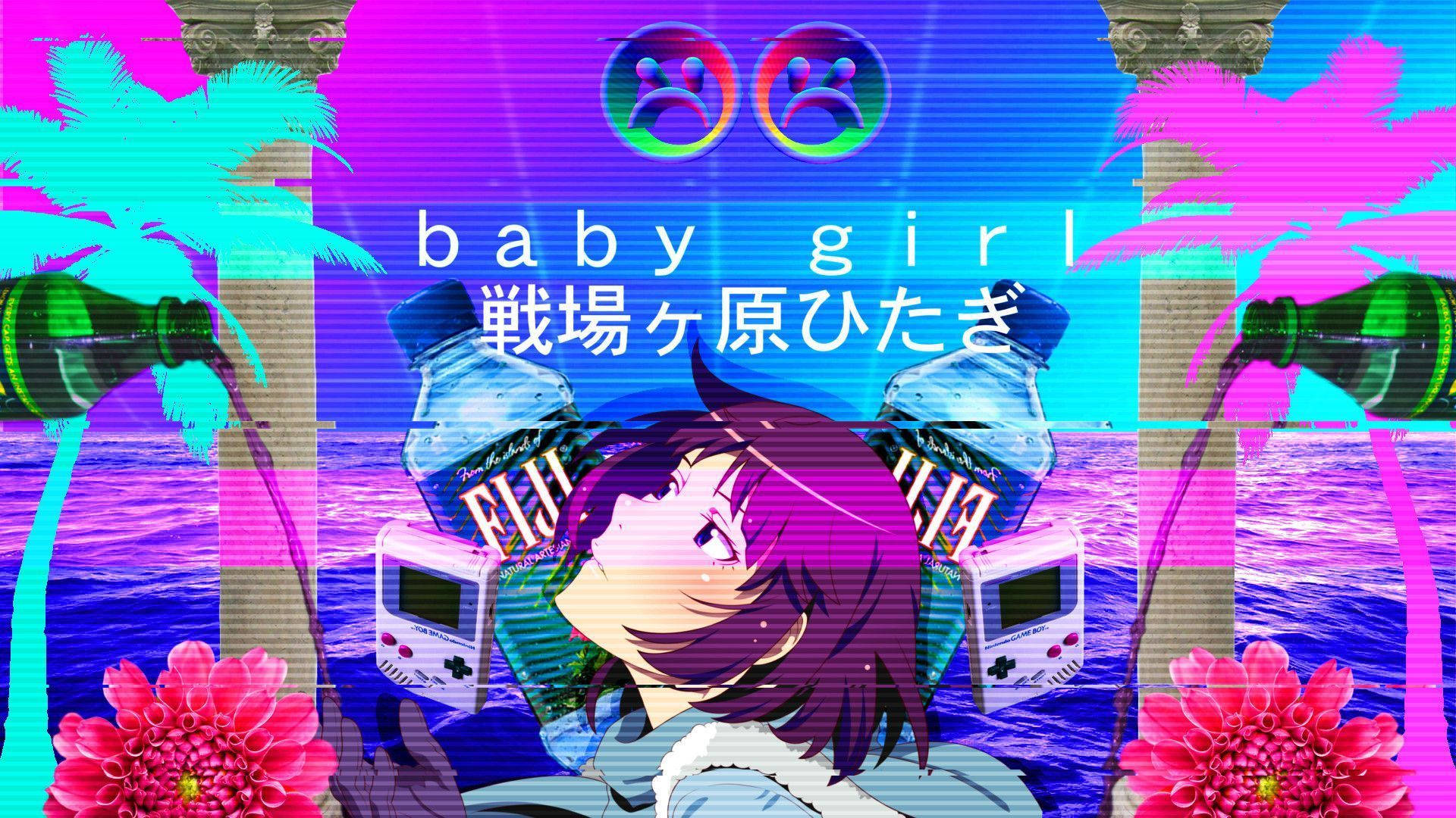 vaporwave aesthetic, anime girl, purple hair, Full HD Desktop Wallpaper