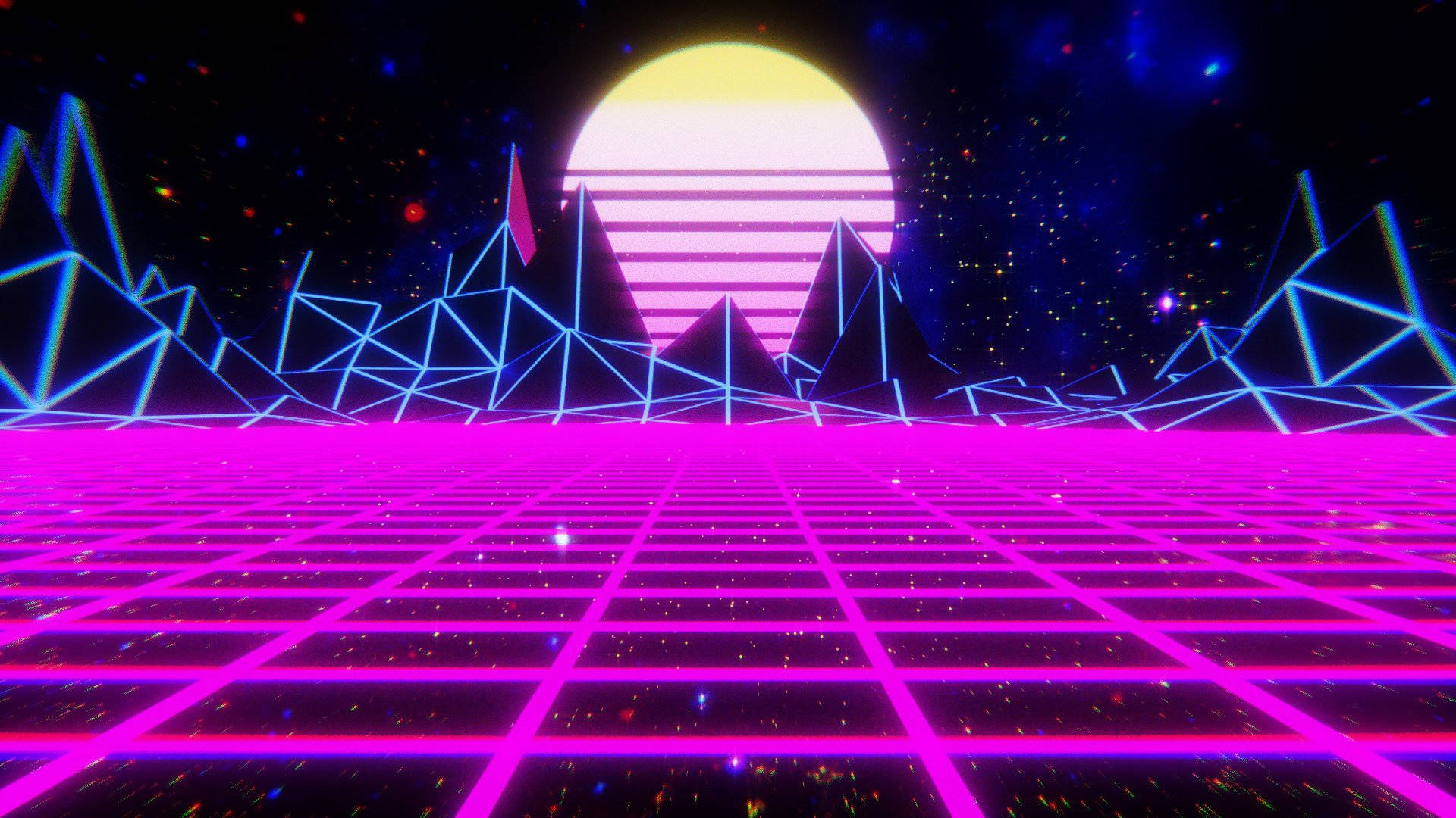 neon grid floor, glowing striped sun, geometric mountains, Full HD Desktop Wallpaper