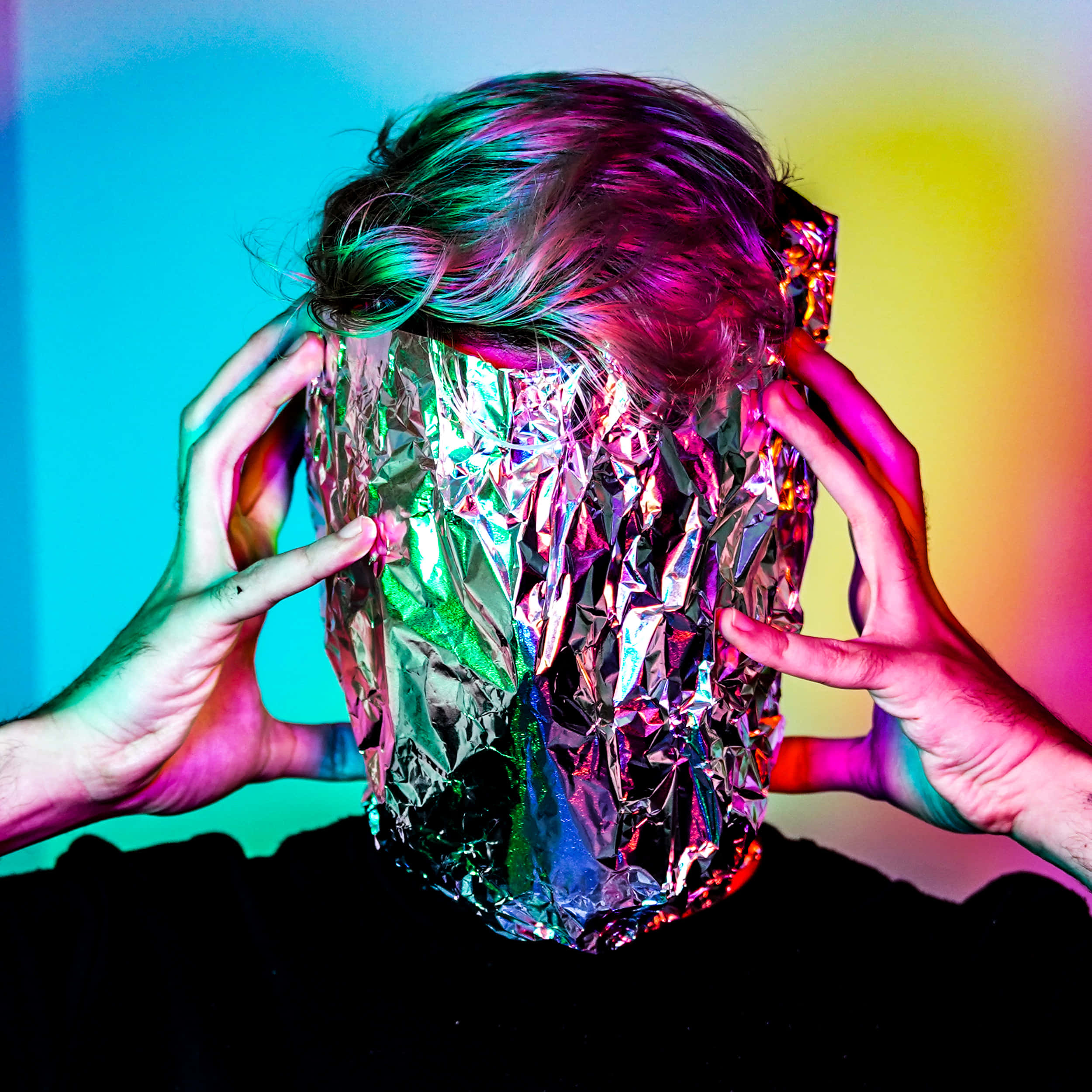 awkward neon profile photo, colorful hair, crinkled foil, Full HD Desktop Wallpaper