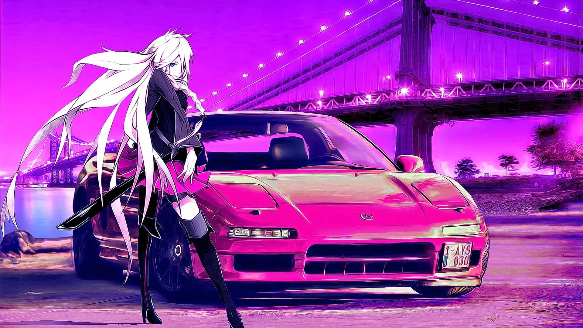white-haired anime girl, glowing pink sports car, purple-lit bridge, Full HD Desktop Wallpaper