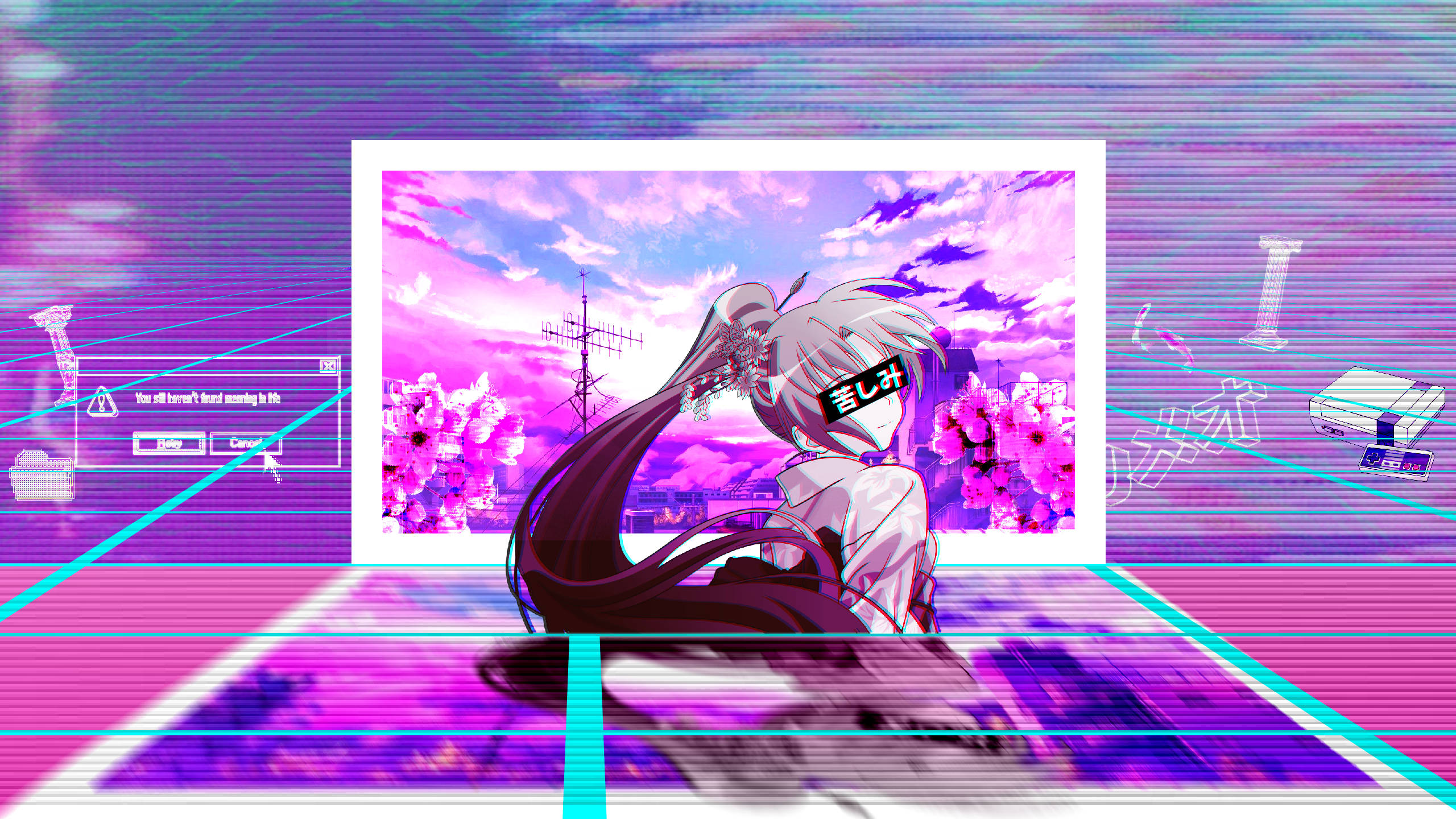 vaporwave, anime girl, glitchy purple and pink digital landscape, 2K Desktop Wallpaper