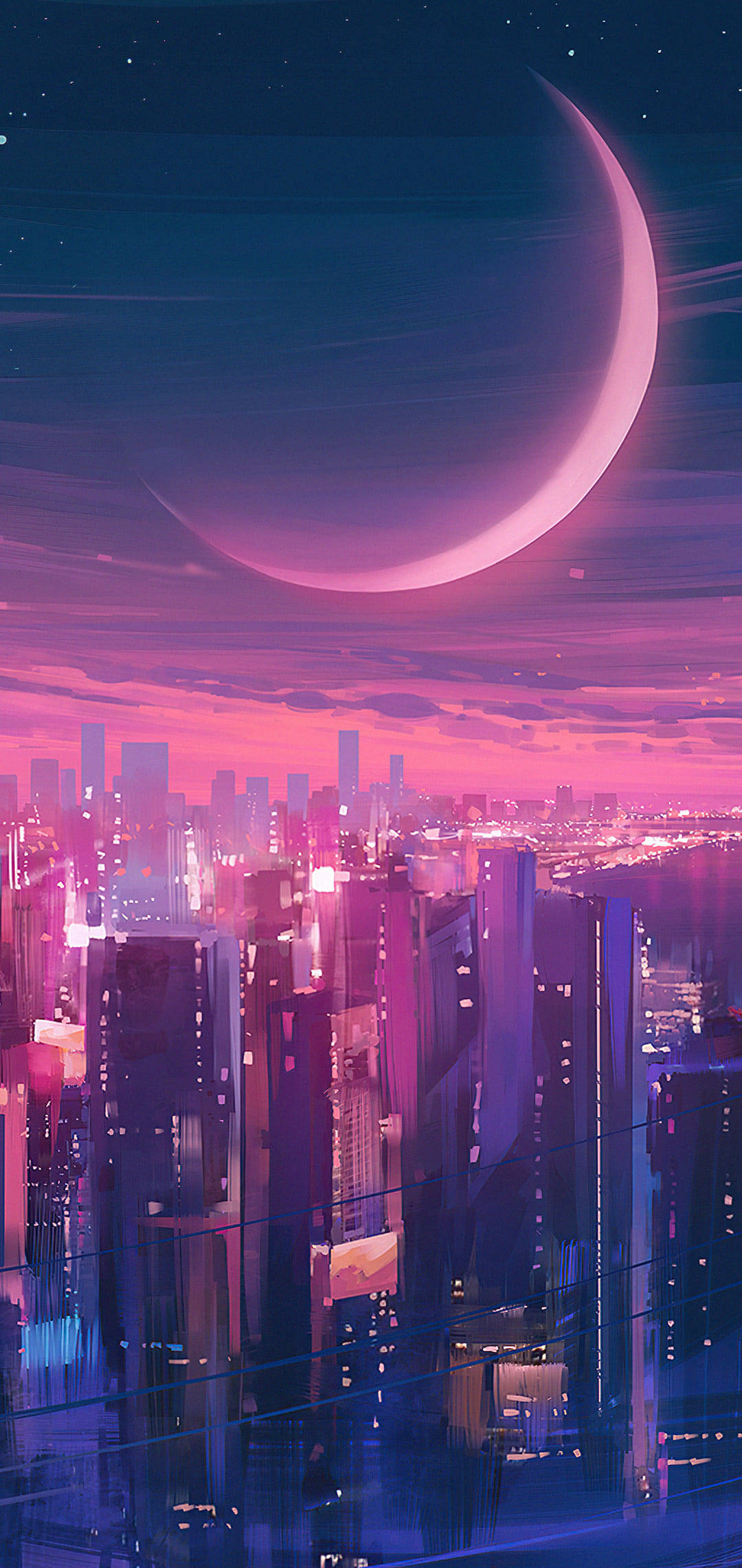 futuristic cityscape, neon pink and purple hues, glowing crescent moon, Full HD Phone Wallpaper