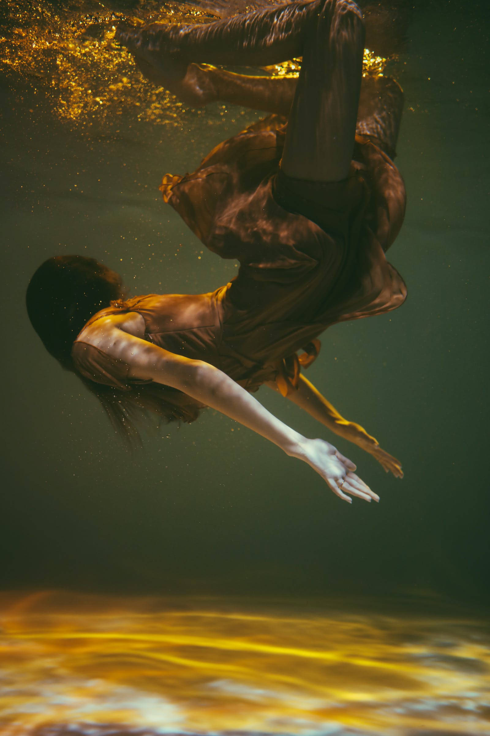 woman, pool, flowing brown dress, Full HD Phone Wallpaper