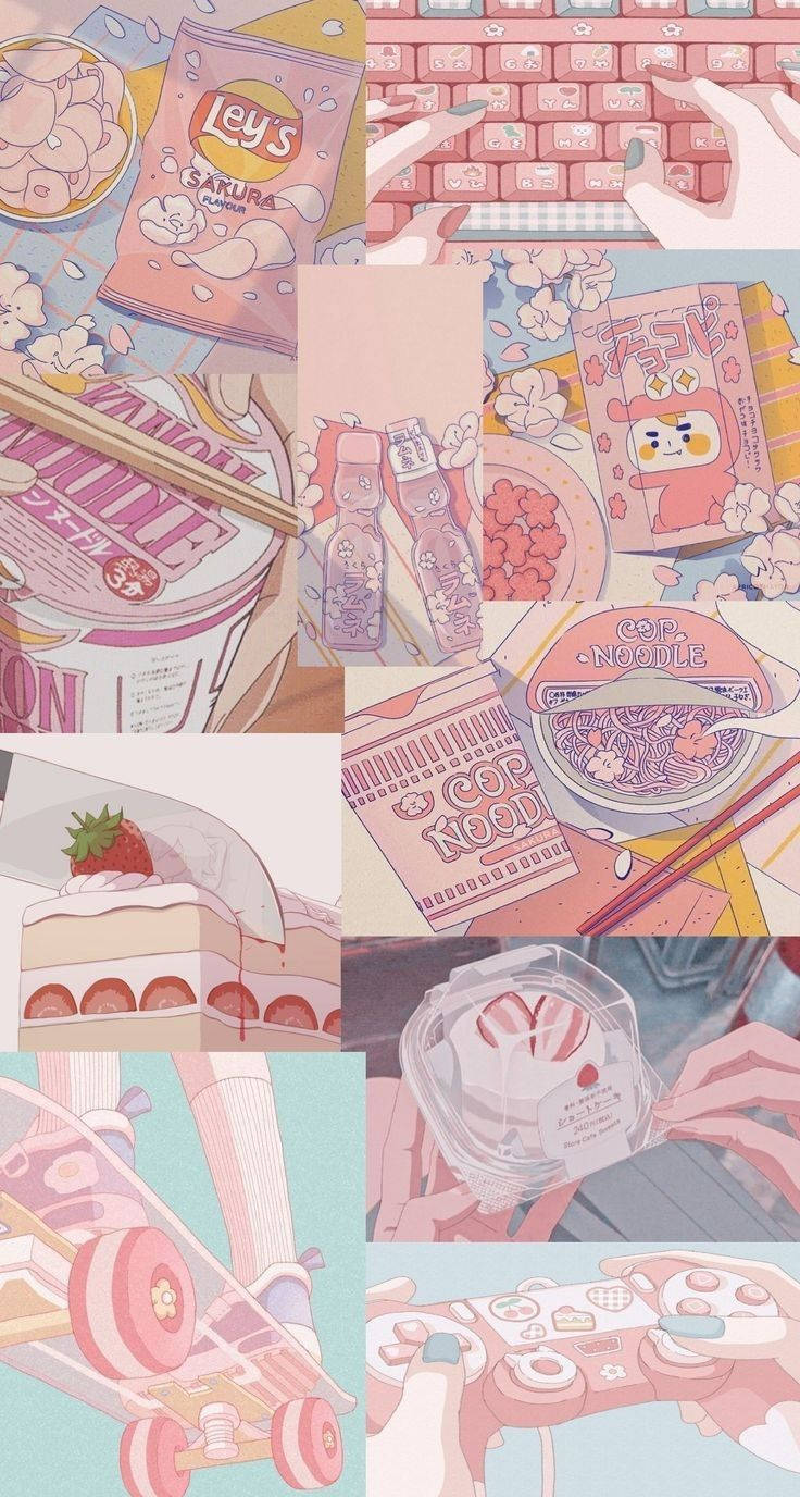 pastel pink, illustrated collage, snacks, HD Phone Wallpaper