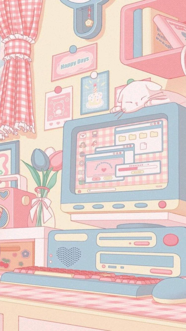 pastel-colored retro computer desk, sleeping cat, checkered curtains, HD Phone Wallpaper