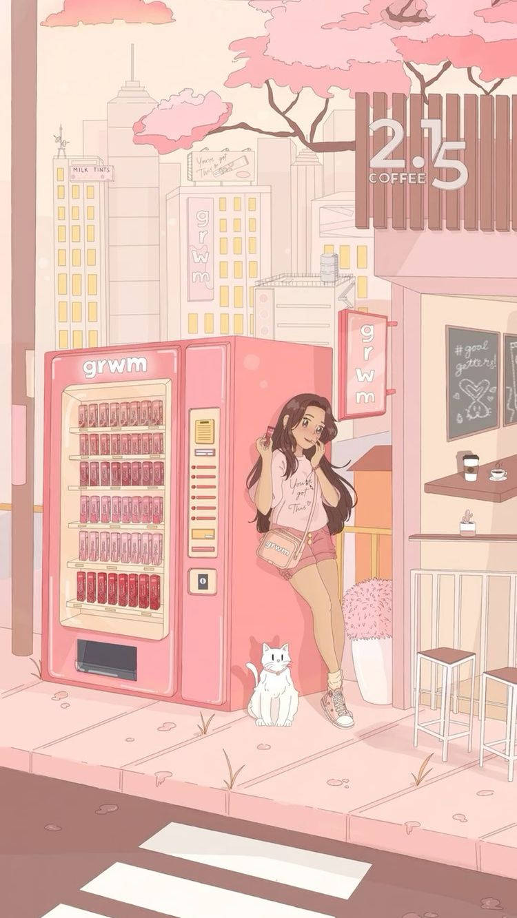 aesthetic pink anime vending machine, pink vending machine, pastel-toned urban street scene, HD Phone Wallpaper