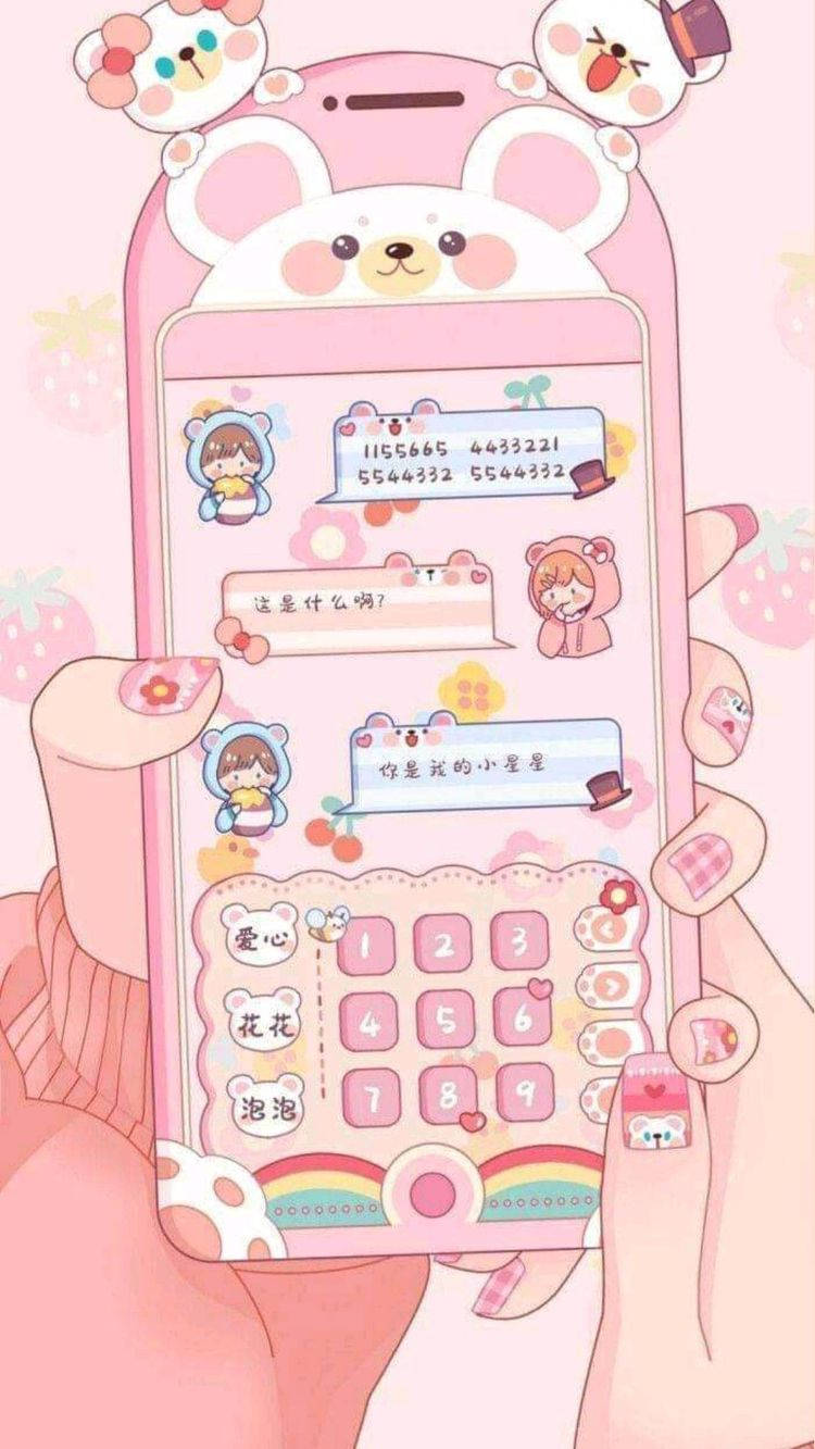 pink phone, cute bear-themed wallpaper, floral nail art, HD Phone Wallpaper