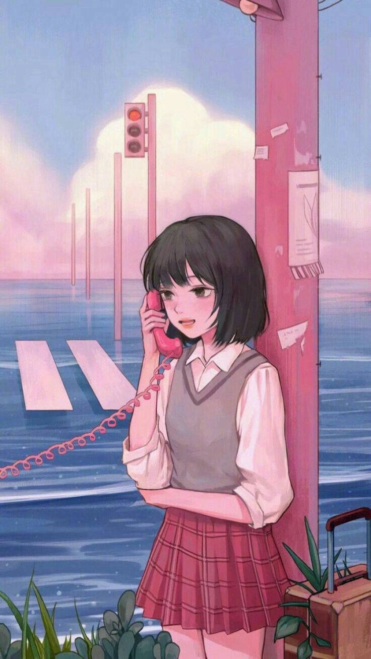 aesthetic pink anime girl, red rotary phone, pink pole, HD Phone Wallpaper