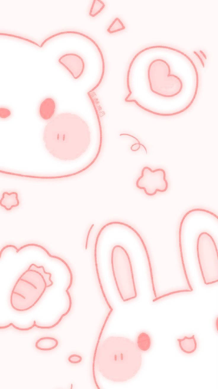 aesthetic pink anime, pink outlined cartoon animals, hearts, HD Phone Wallpaper