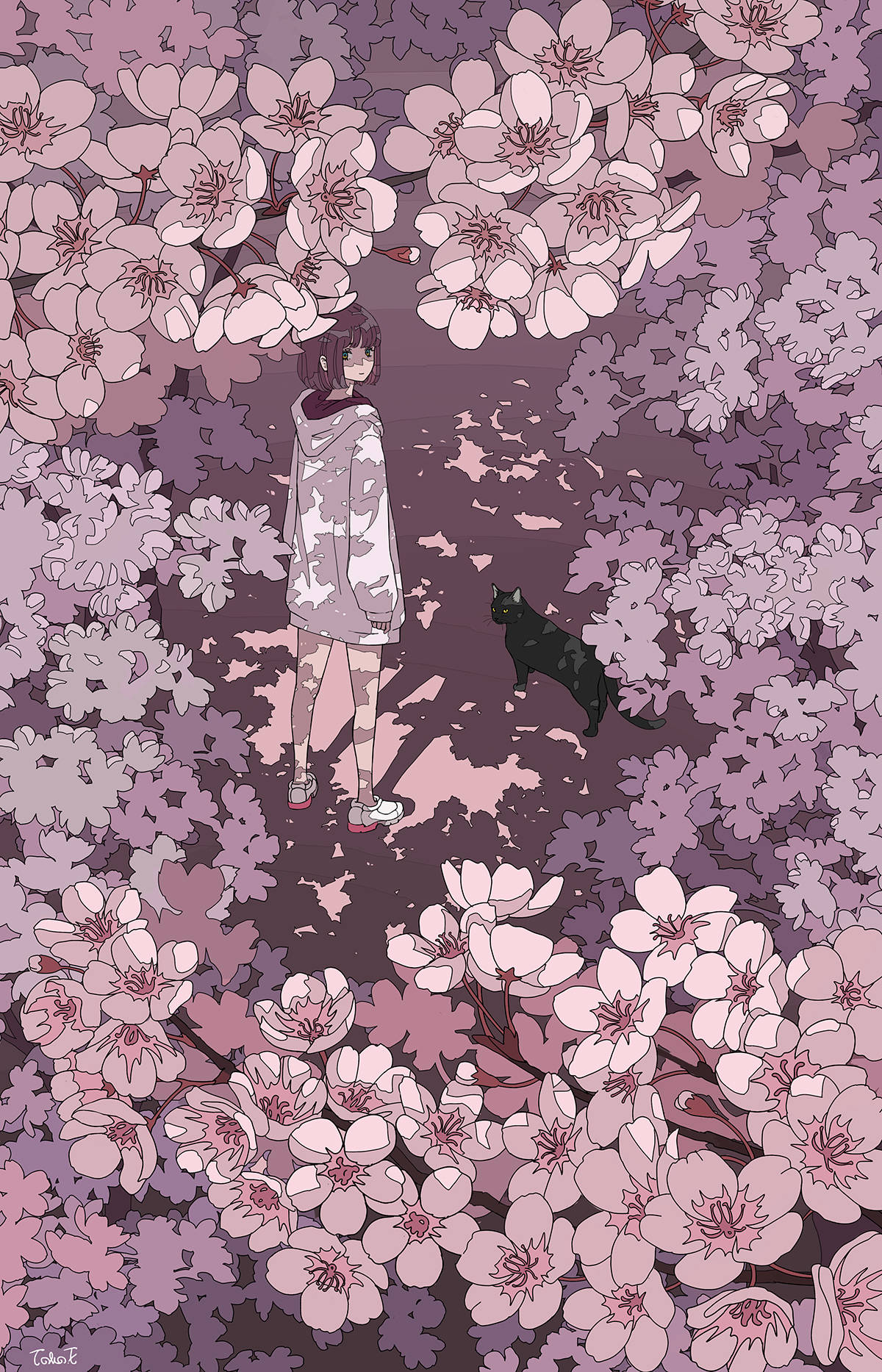 aesthetic pink anime girl, black cat, patterned coat, HD Phone Wallpaper