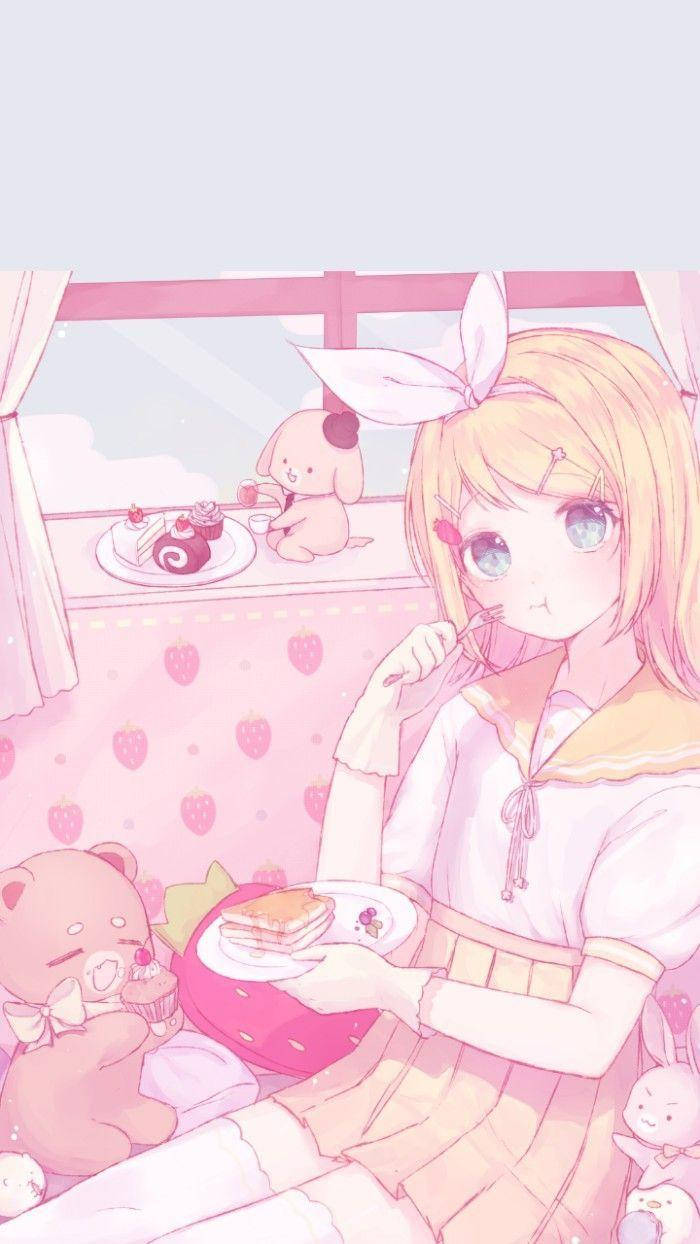 aesthetic pink anime girl, bunny ears, strawberry toast, SD Phone Wallpaper