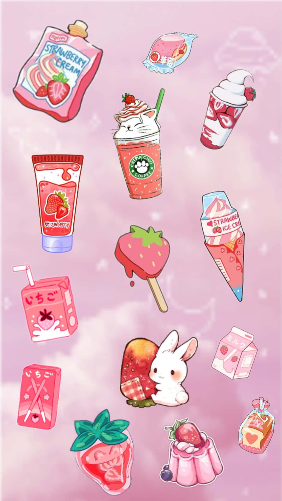 pink background, strawberry-themed snacks and drinks, cute bunny, HD Phone Wallpaper