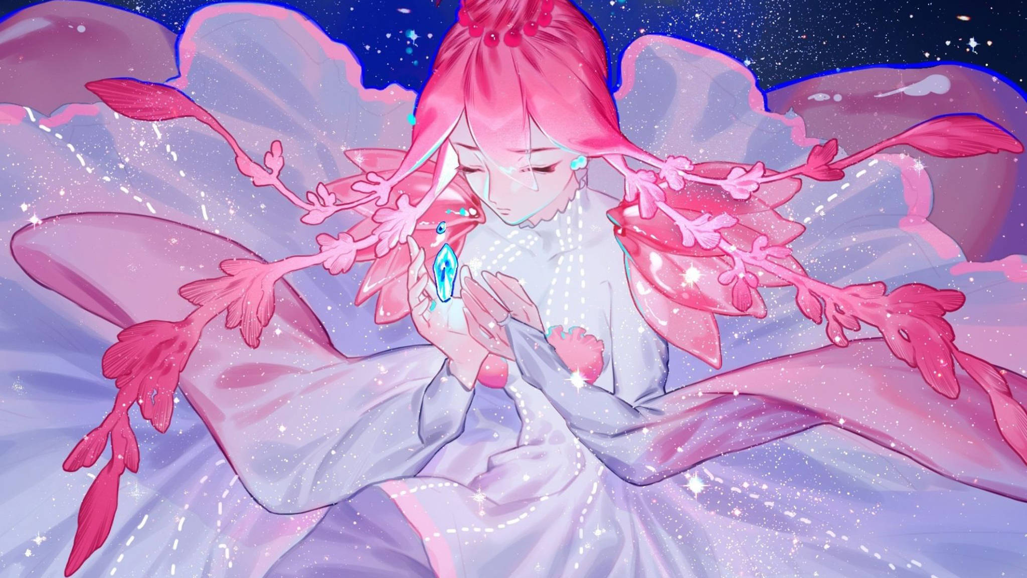 Pink Anime Aesthetic Ventricosus, pink-haired anime girl, floral wings, Full HD Desktop Wallpaper