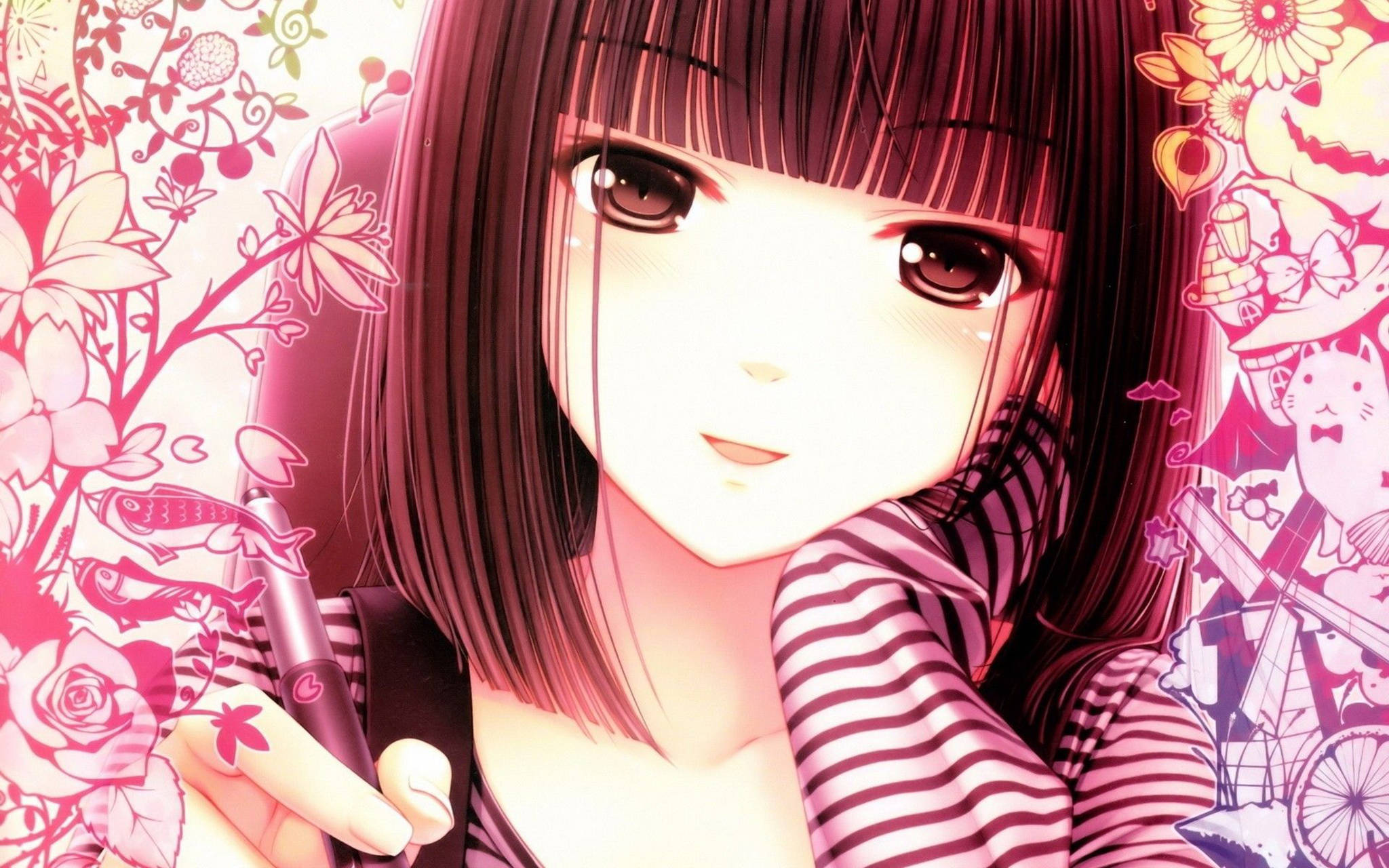 Pink Anime Aesthetic Girl, young anime girl, dark hair, Full HD Desktop Wallpaper