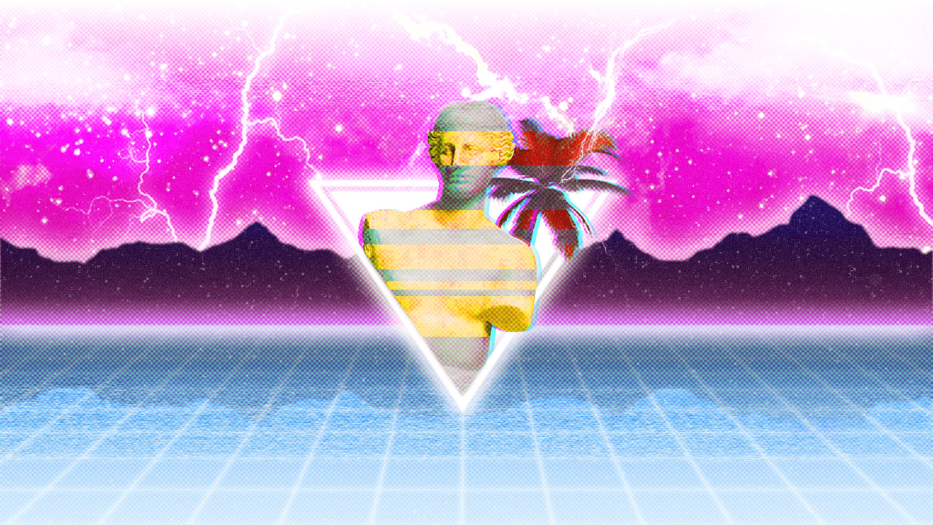 80s anime aesthetic, pink lightning storm, glowing statue, Full HD Desktop Wallpaper