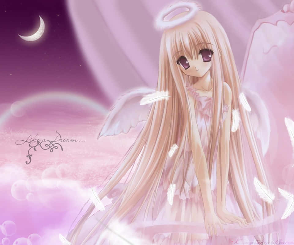 cute angel anime girl, pink clouds, crescent moon, SD Desktop Wallpaper