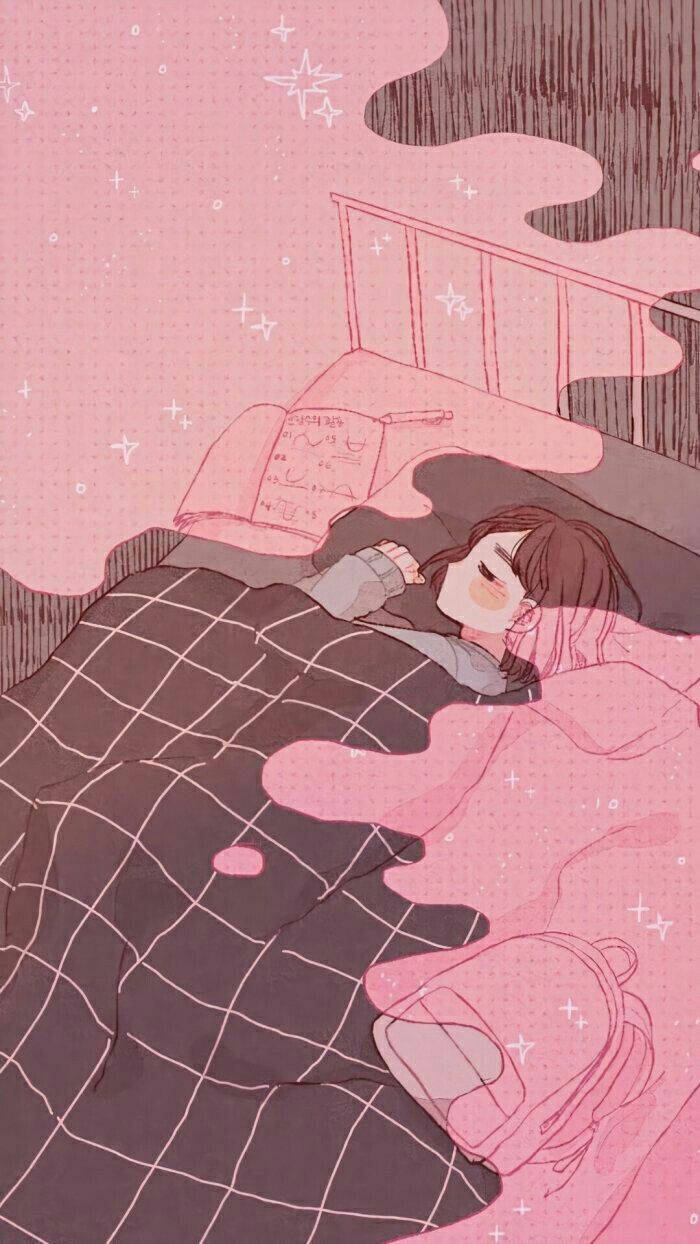 aesthetic pink anime girl, sleeping, checkered blanket, SD Phone Wallpaper