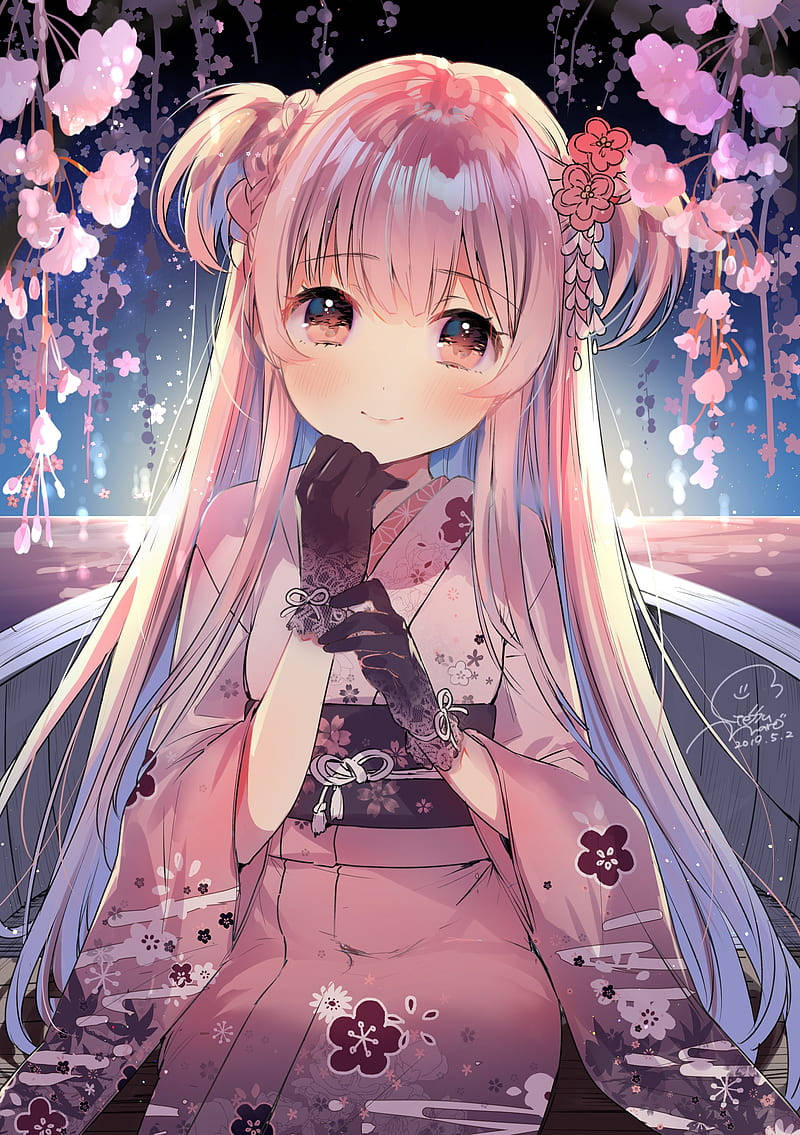 anime girl, pink cherry blossom kimono, glowing pink flowers, SD Phone Wallpaper