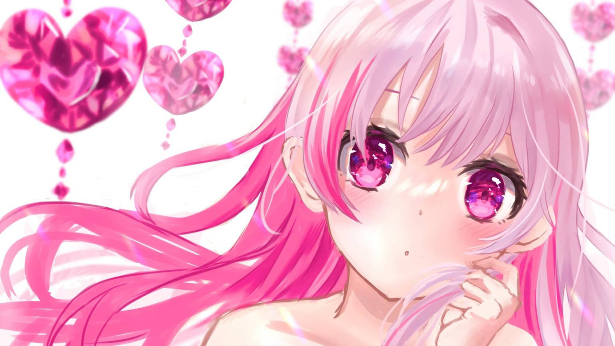 pink-haired anime girl, sparkling purple eyes, floating gemstone hearts, Full HD Desktop Wallpaper