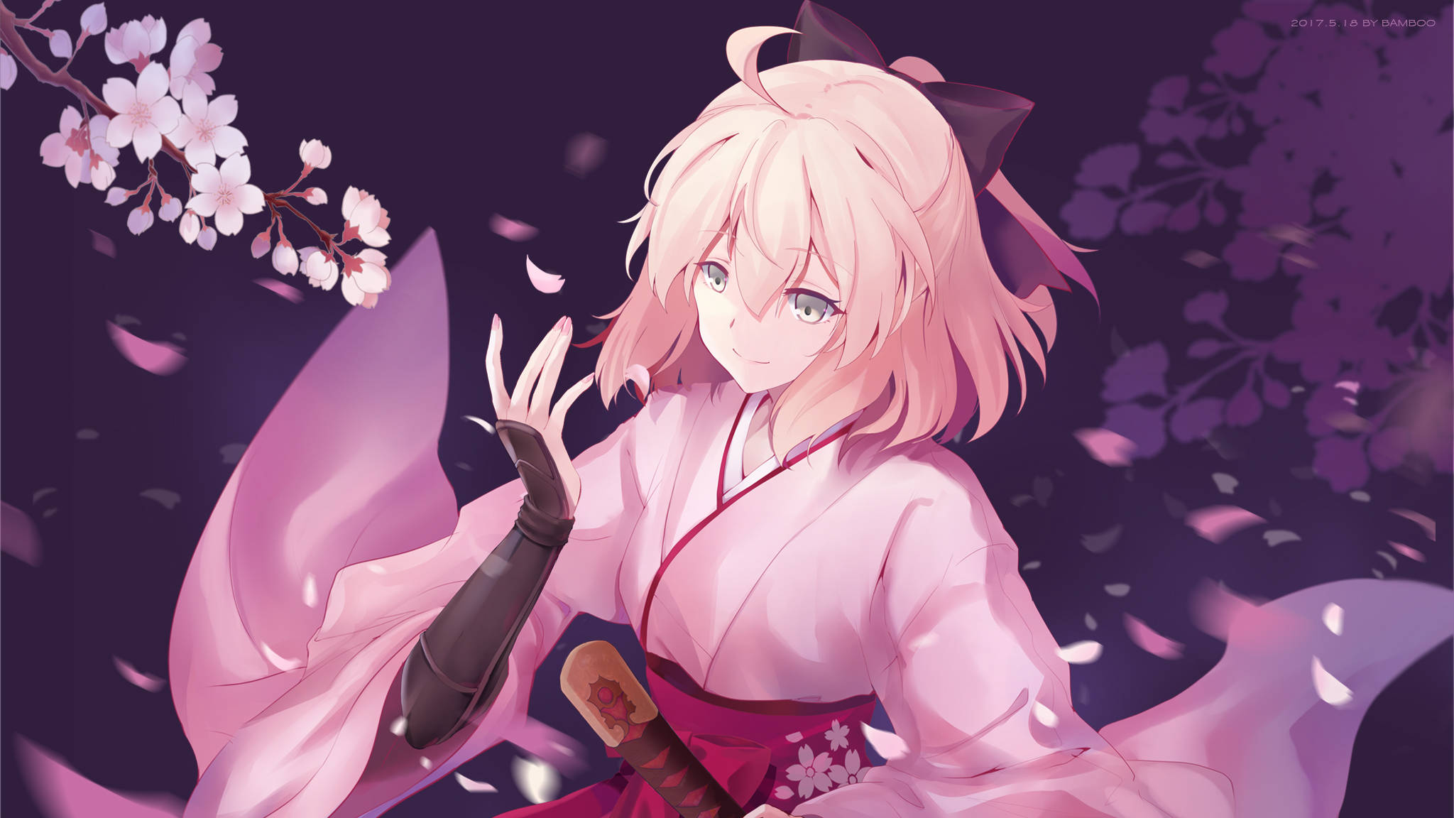 pink-haired anime girl, flowing pink kimono, cherry blossoms, Full HD Desktop Wallpaper