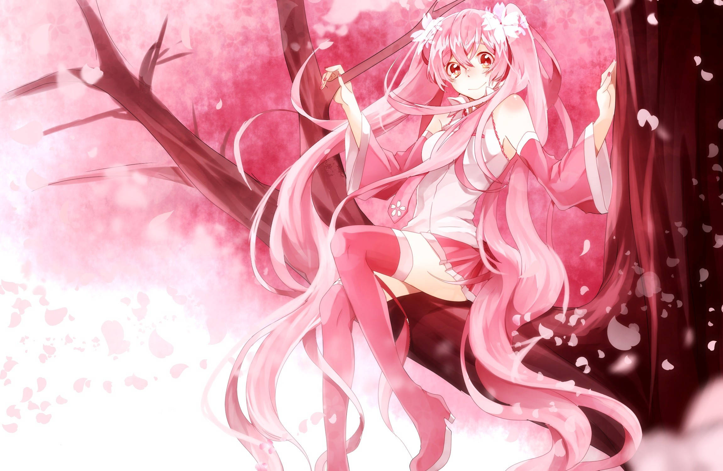 pink-haired anime girl, flowing pink kimono, cherry blossoms, Full HD Desktop Wallpaper