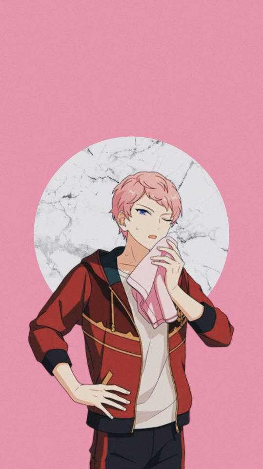 pink-haired anime boy, red jacket, pink towel, SD Phone Wallpaper
