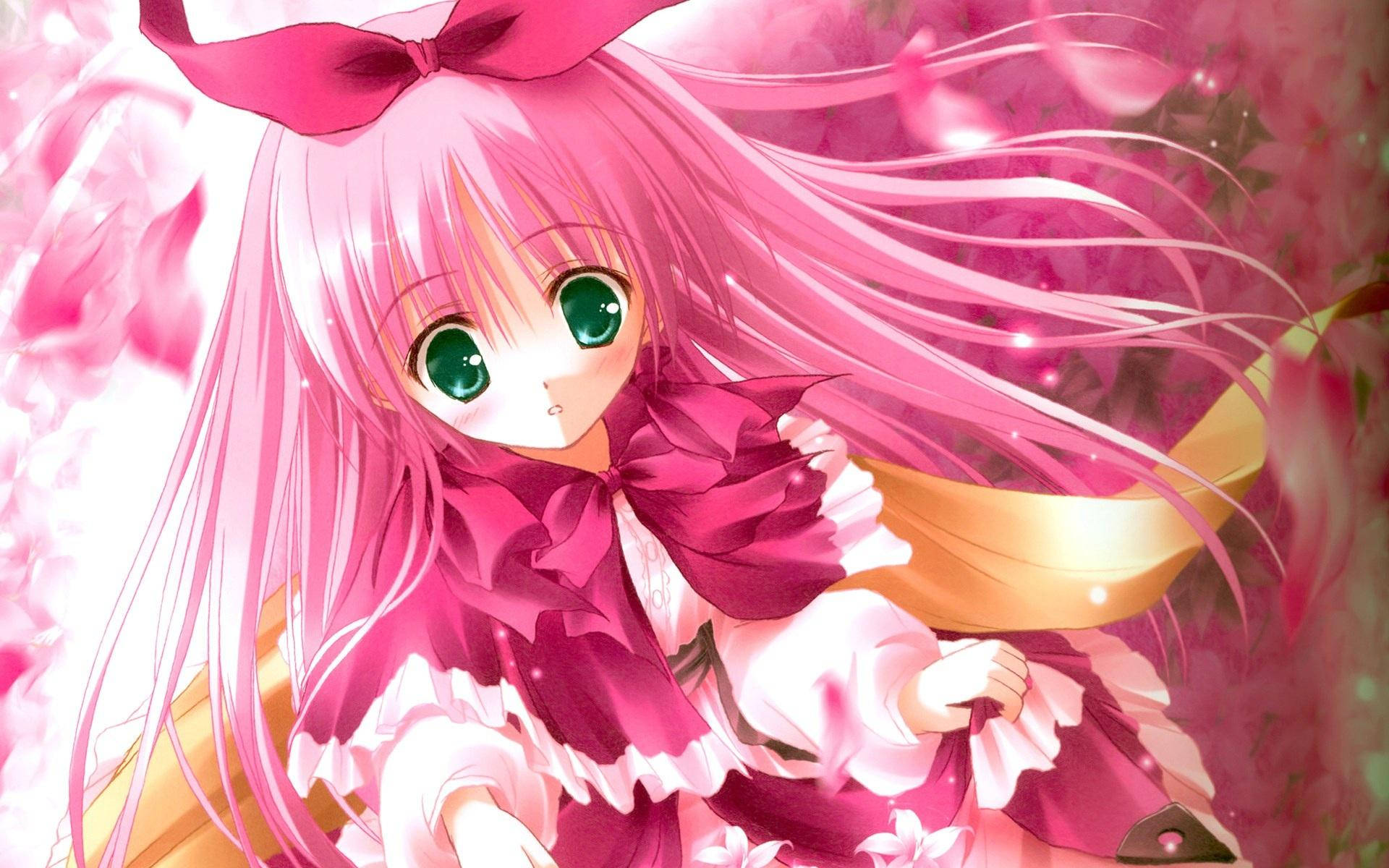 pink-haired anime girl, green eyes, large bow, Full HD Desktop Wallpaper