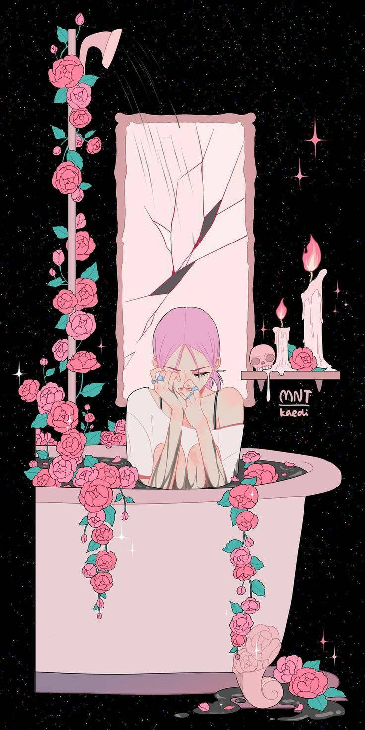 pink-haired anime girl, rose-filled tub, starry night sky, HD Phone Wallpaper