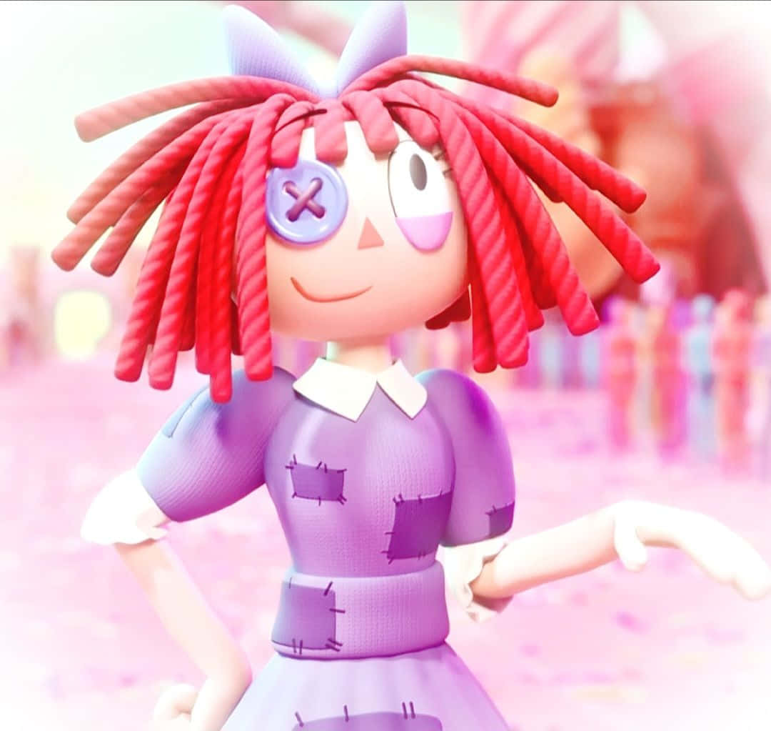 cheerful cartoon doll, red rope hair, purple button eye, SD Desktop Wallpaper