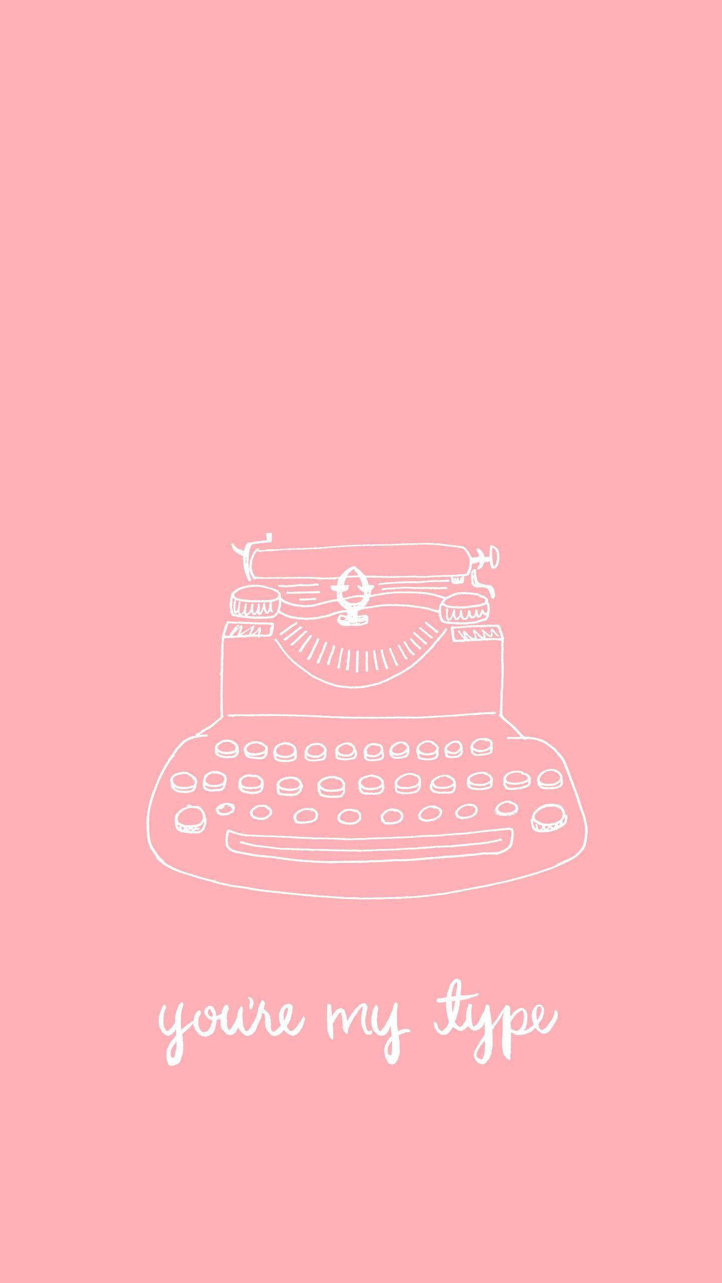 vintage typewriter, solid pink background, minimalist white line drawing, 2K Phone Wallpaper