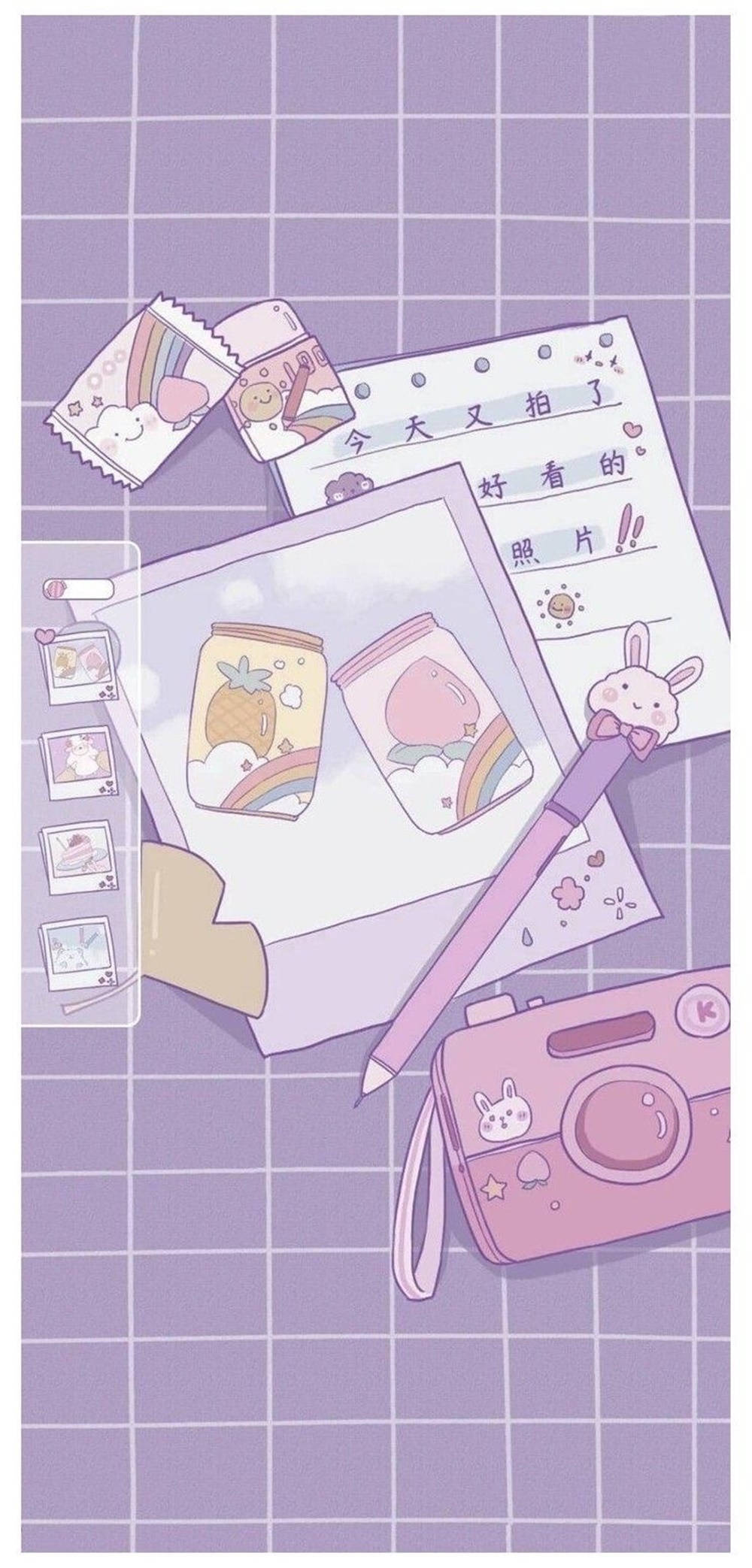 pastel purple grid background, pink camera rabbit stickers, handwritten notes, Full HD Phone Wallpaper