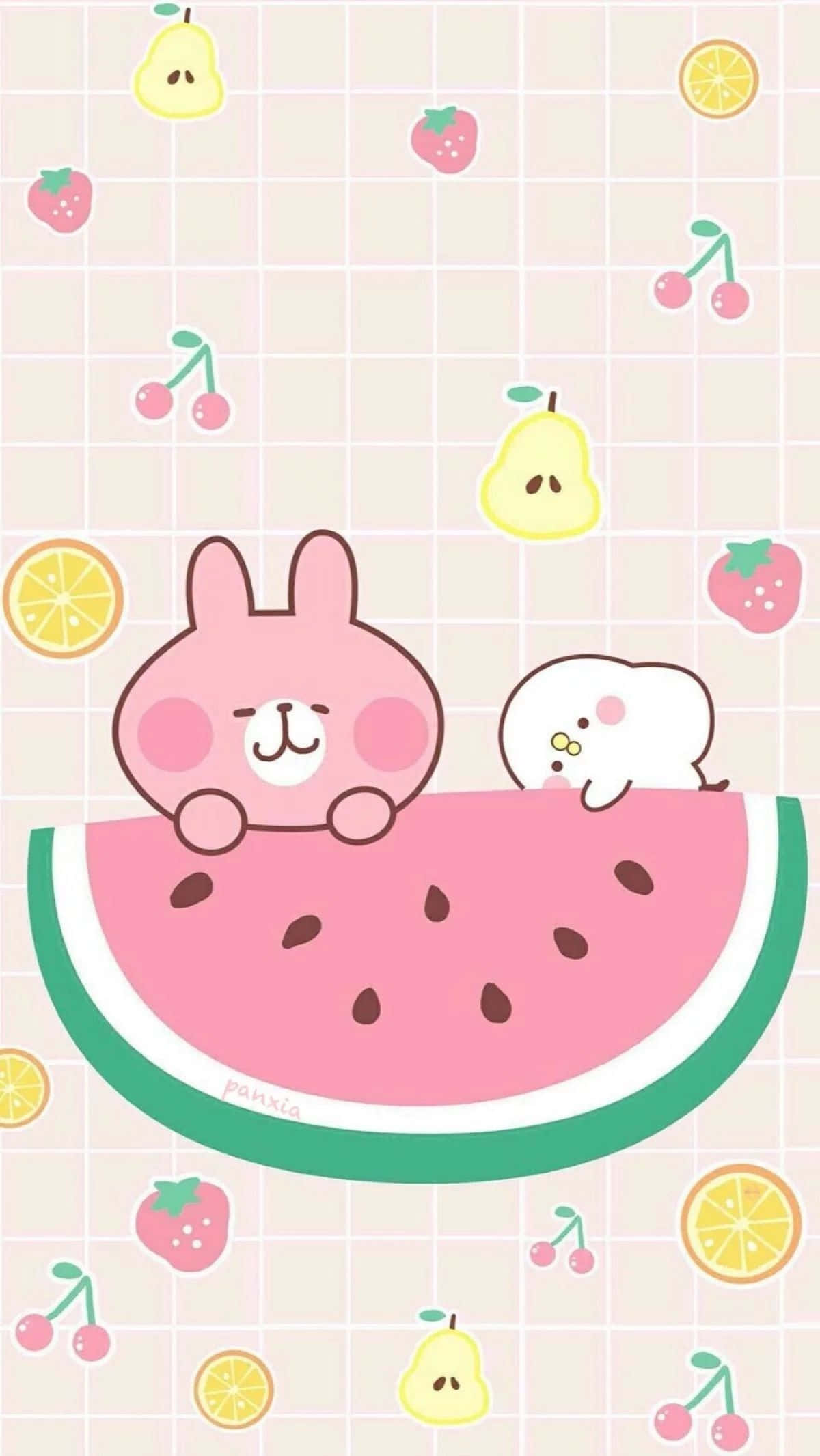 Aesthetic Pink Kawaii, cartoon bunnies, giant watermelon slice, Full HD Phone Wallpaper