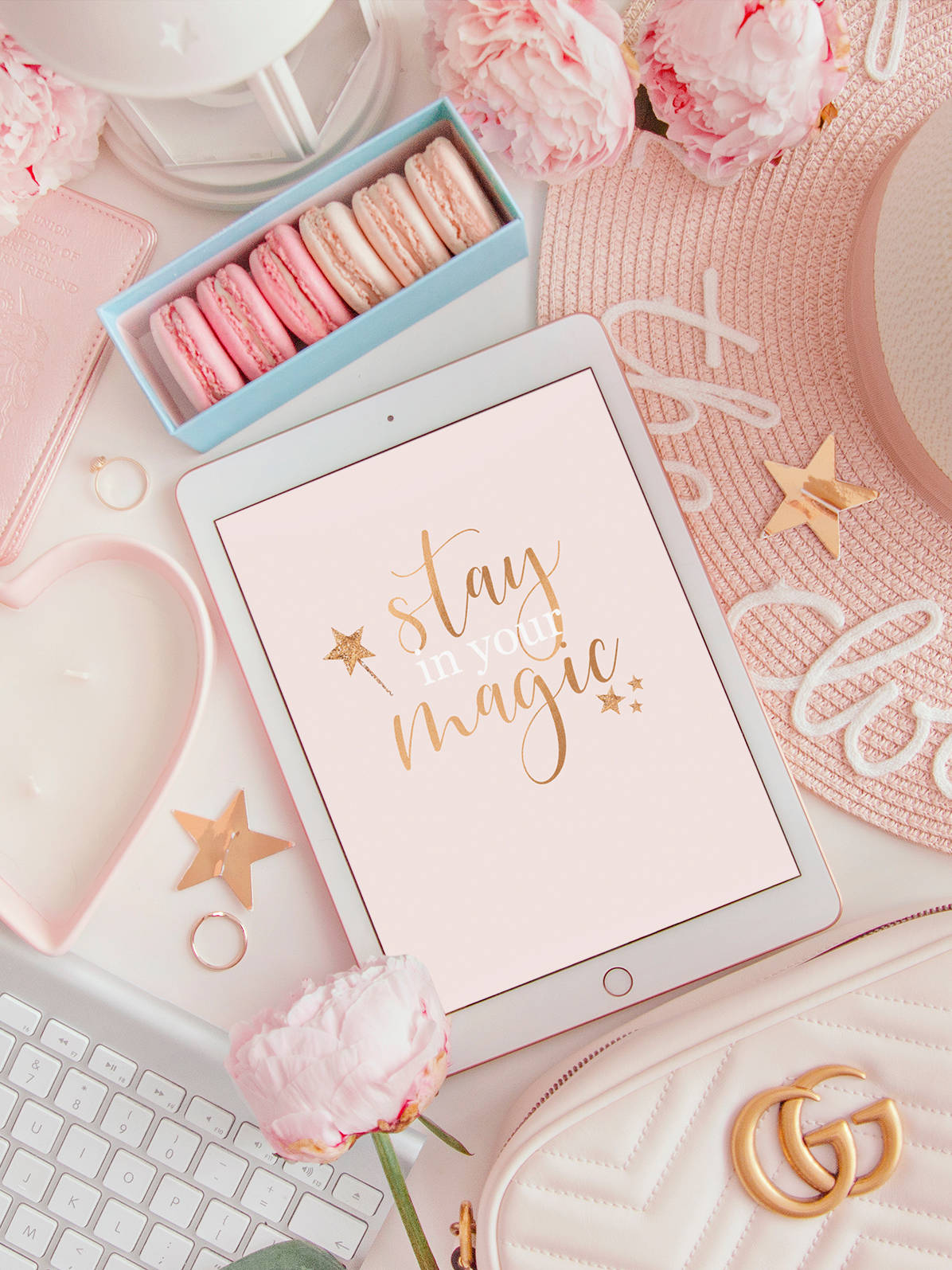 pastel pink, macarons, tablet with gold text, HD Phone Wallpaper