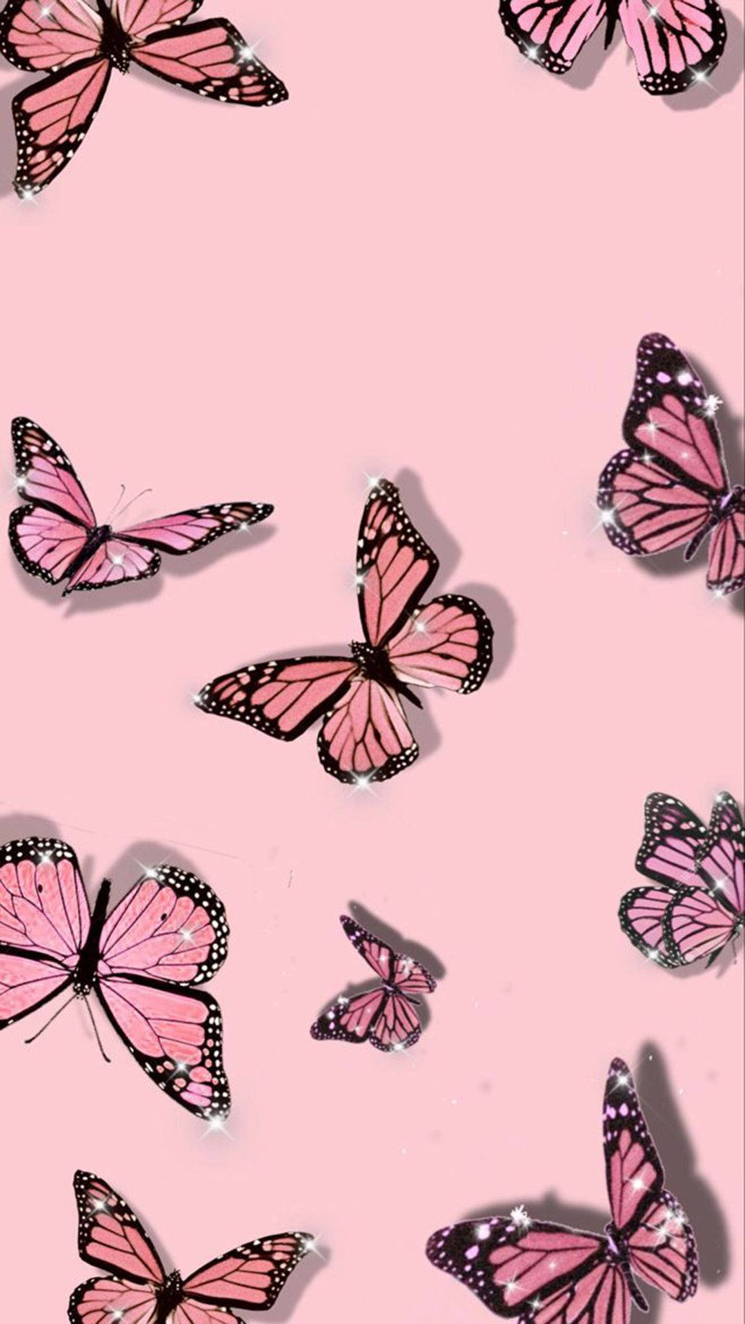 aesthetic pink, pink butterflies, black outlines, Full HD Phone Wallpaper