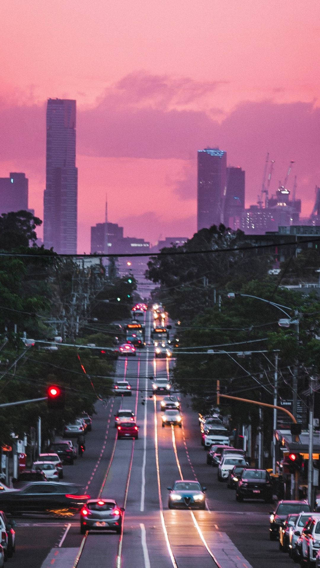 Aesthetic Pink, pink sunset, bustling city street, Full HD Phone Wallpaper