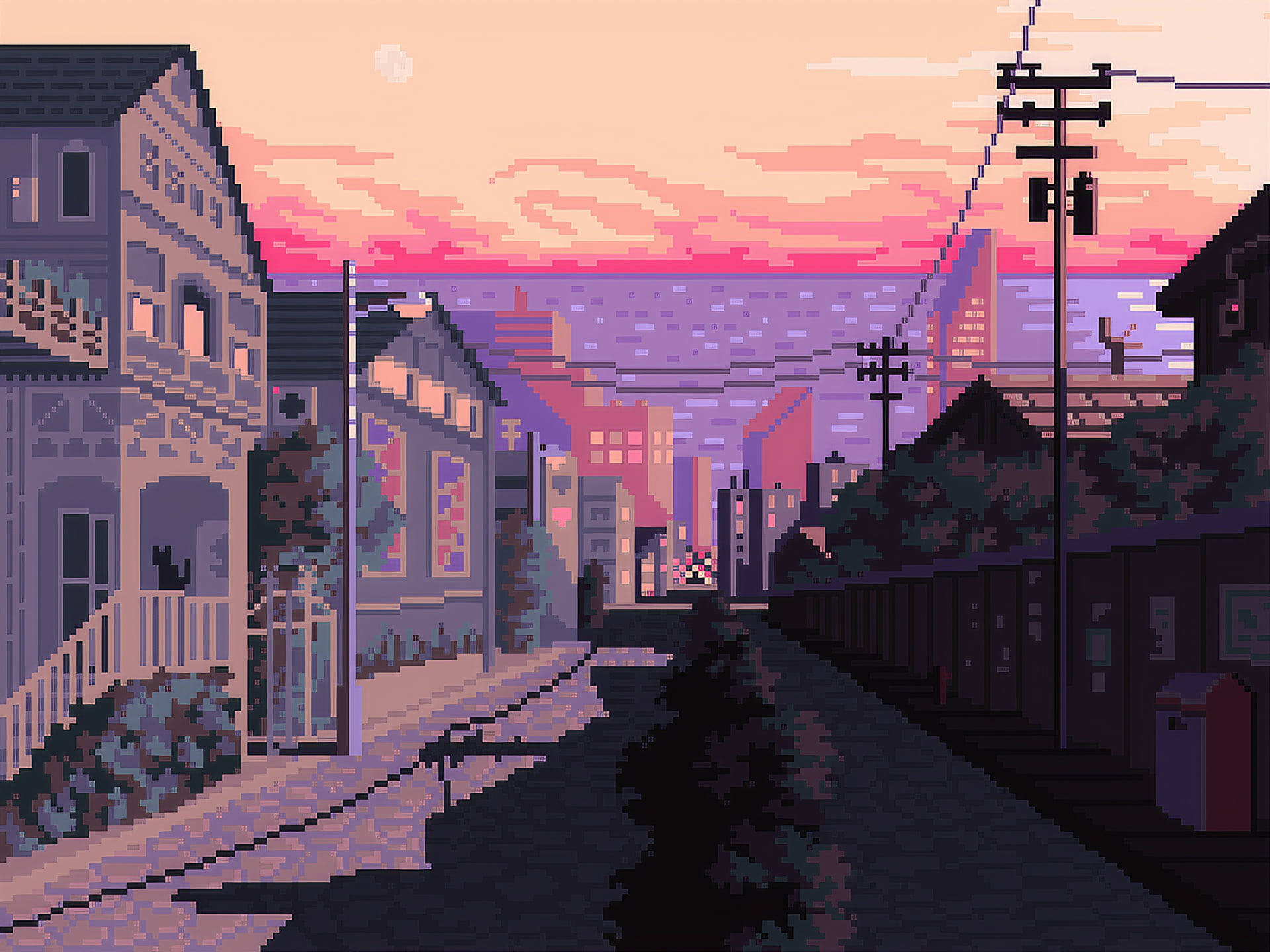 Aesthetic Pixel Art, sunset, pastel pink purple sky, Full HD Desktop Wallpaper