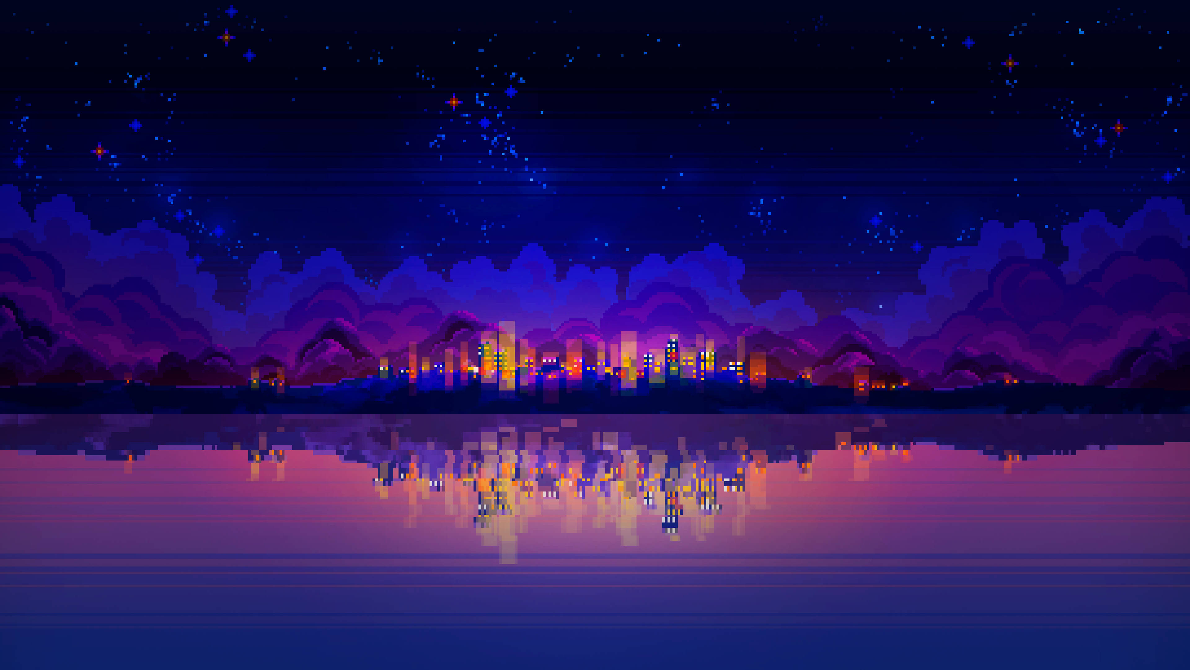 Aesthetic Pixel Art, city skyline, night, 4K Desktop Wallpaper