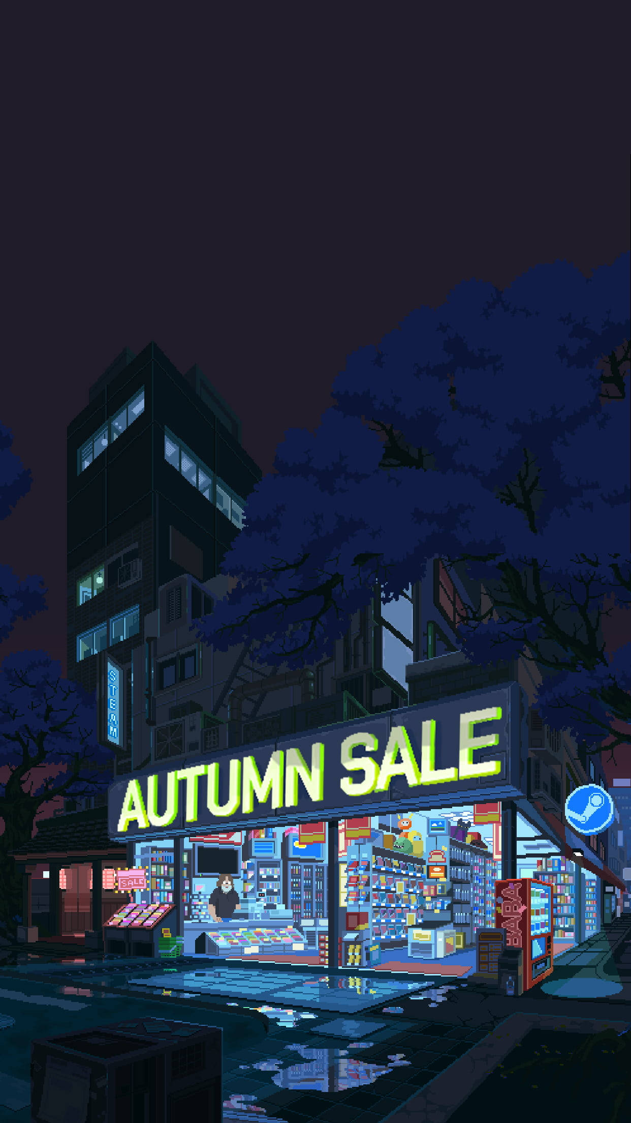 AUTUMN SALE, neon-lit store, dark urban night sky, Full HD Phone Wallpaper