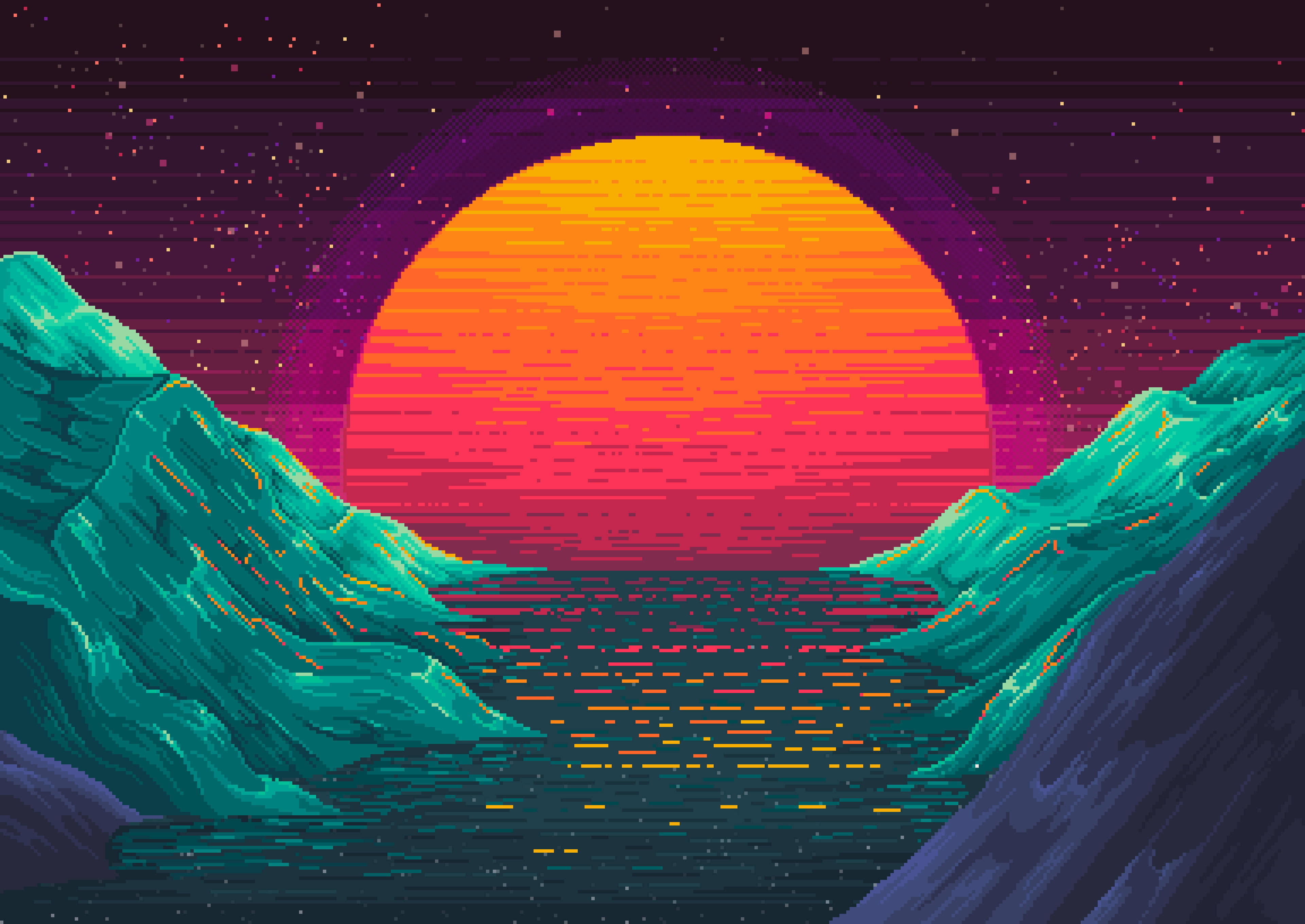 lake, sunset, teal mountains, 4K Desktop Wallpaper