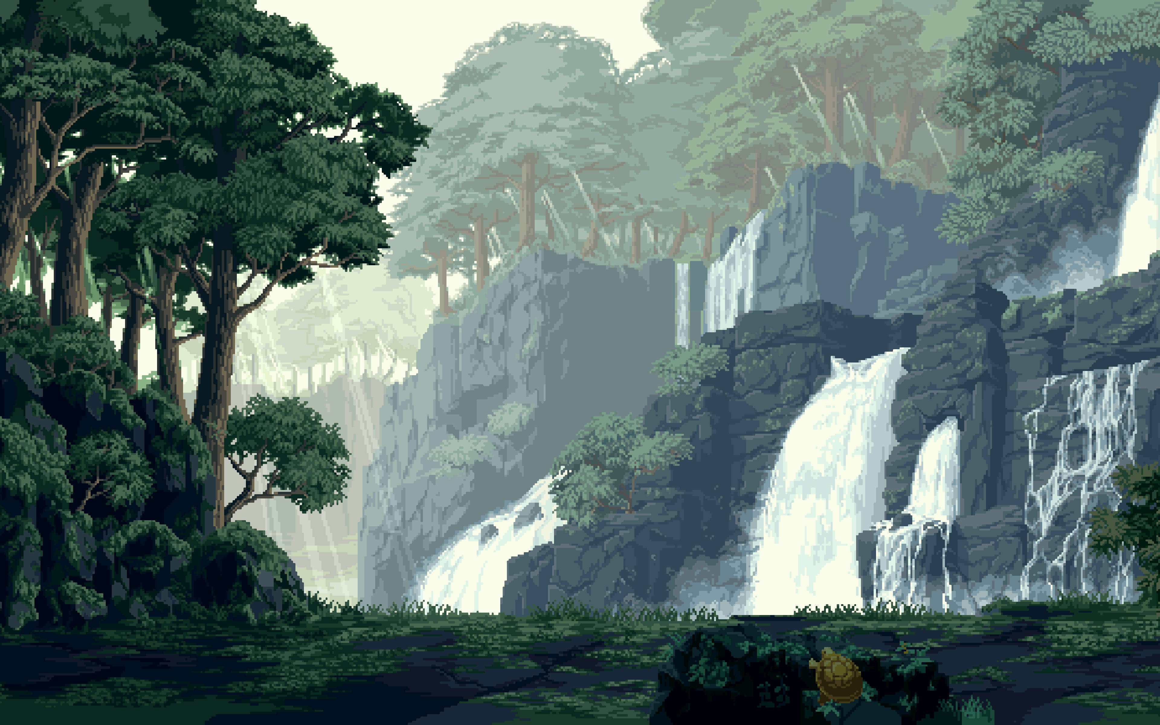 Pixel-art forest, waterfall, misty cliffs, 4K Desktop Wallpaper