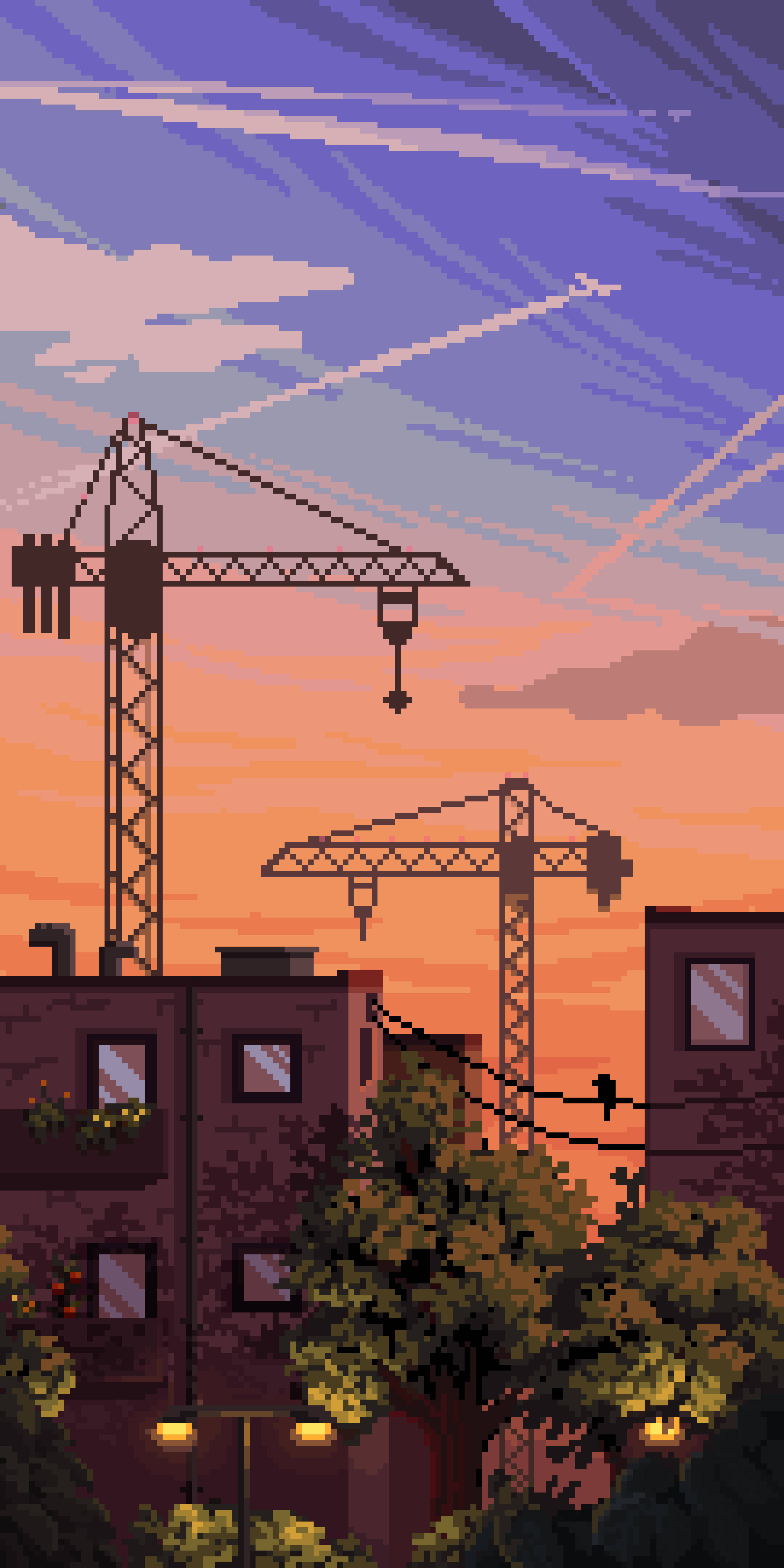 pixel art cityscape, sunset, construction cranes, 5K Phone Wallpaper