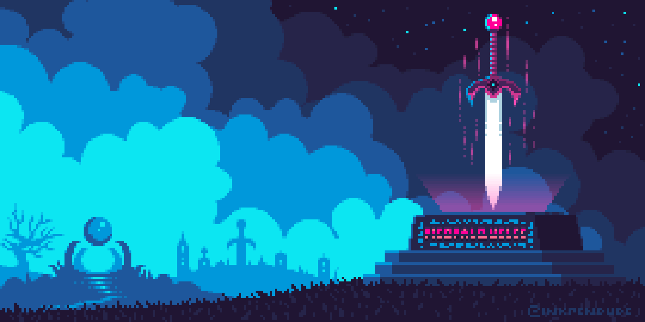 glowing sword, pixel-art, pedestal, Full HD Desktop Wallpaper