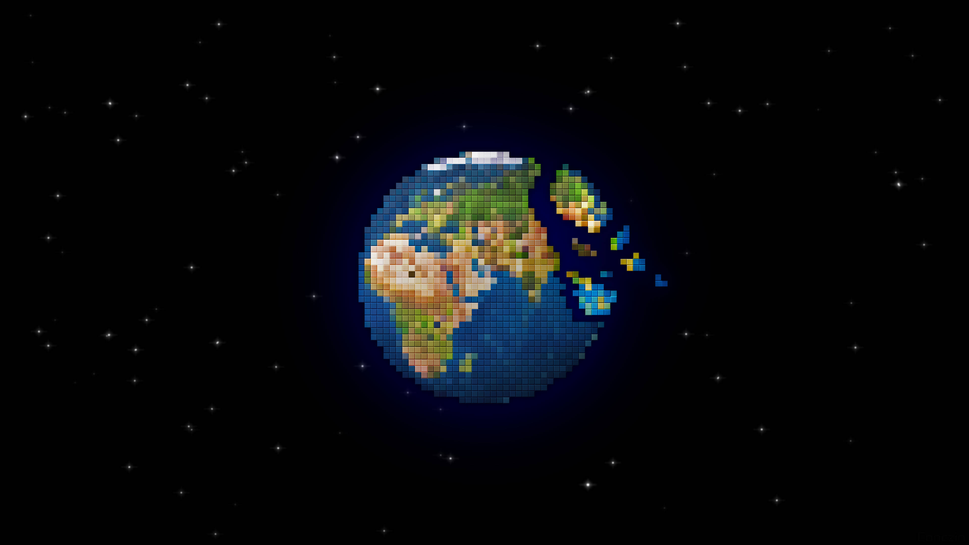 pixelated Earth, visible continents, starry space, 4K Desktop Wallpaper