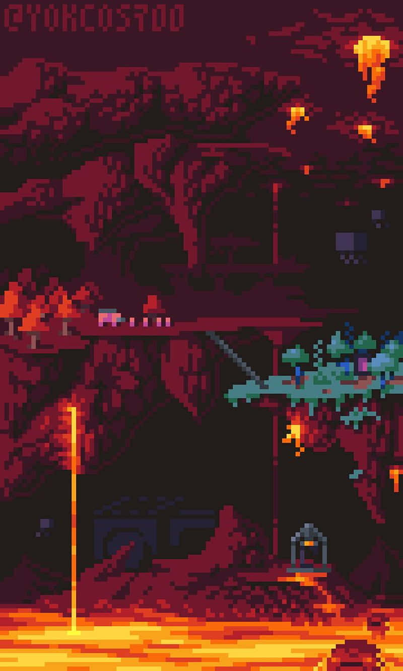 pixel art scene, fiery lava rivers, glowing trees, HD Phone Wallpaper