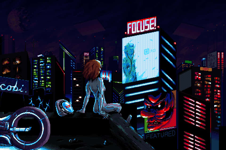 cyberpunk, pixel-art woman, red hair, SD Desktop Wallpaper