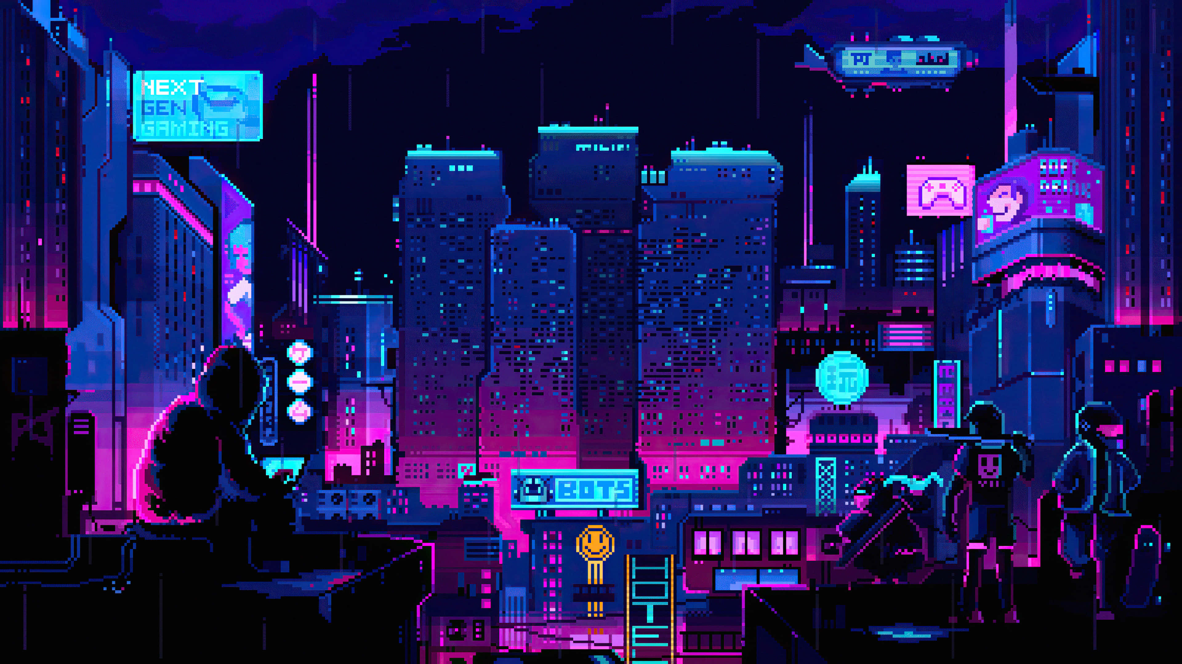 Neon City Pixel Art, pixel-art cityscape, night, 4K Desktop Wallpaper