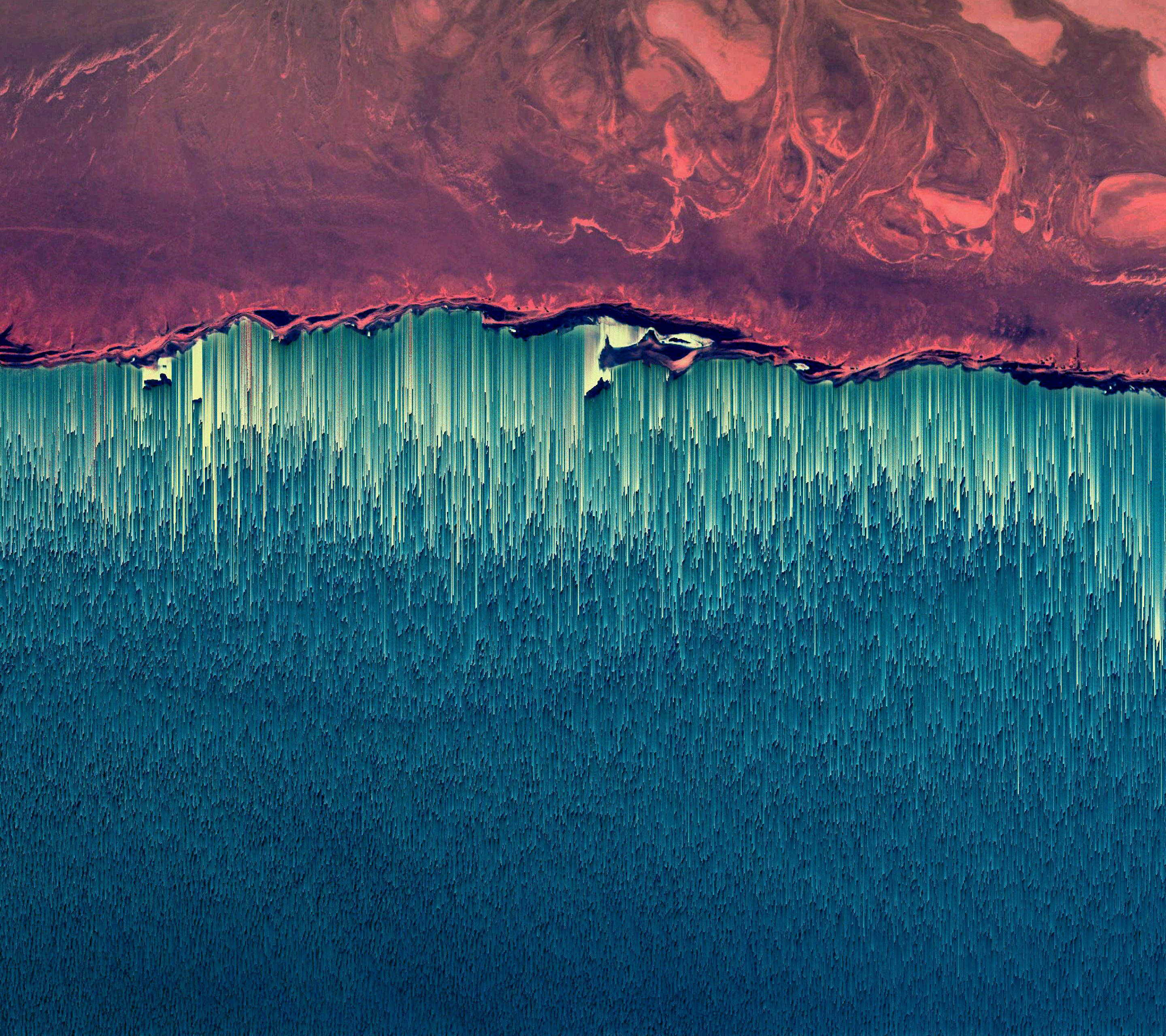 stark red landmass, textured teal ocean, jagged, pixelated shoreline, 2K Desktop Wallpaper